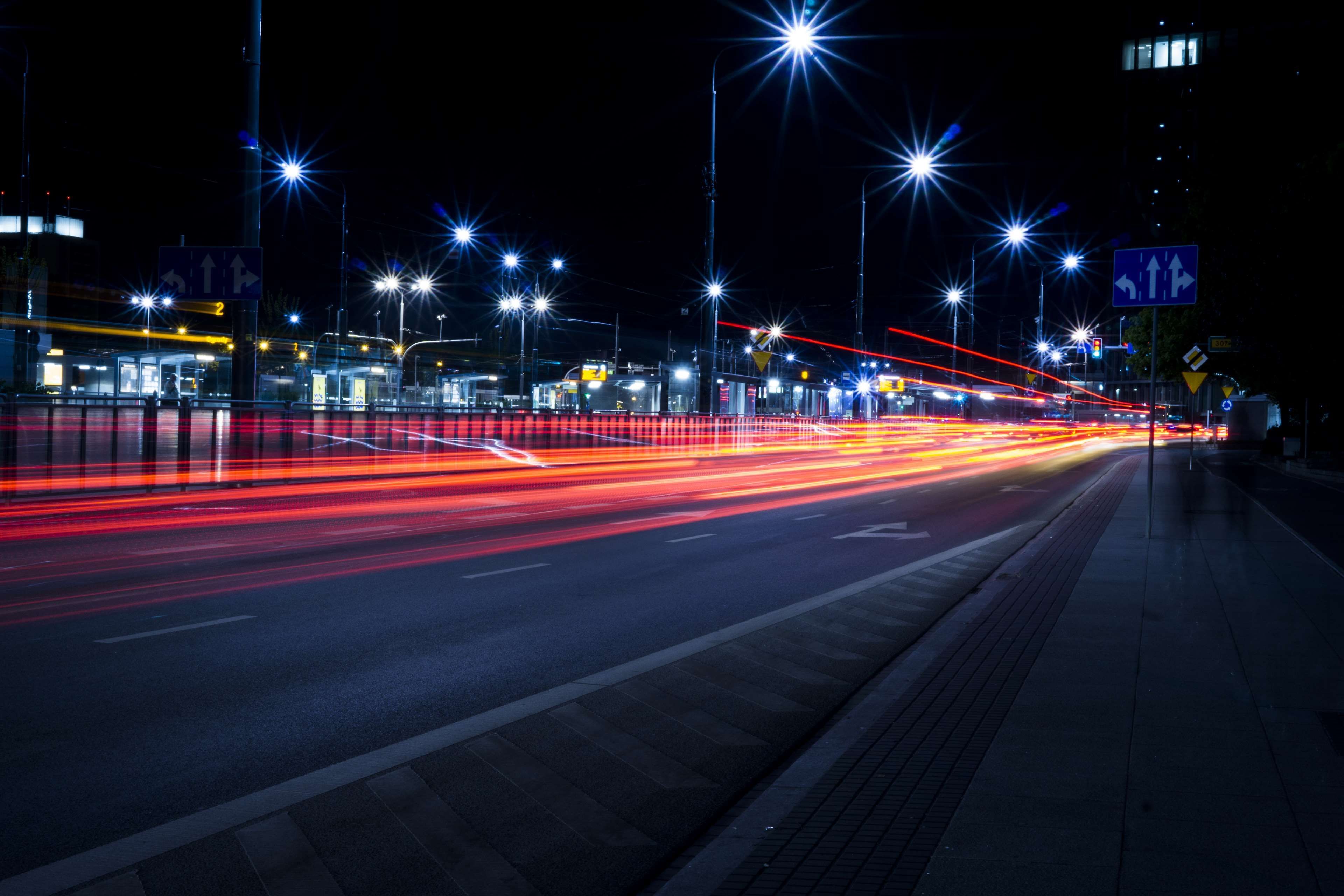 blur, cars, city, commuting, dark, downtown, evening, expressway