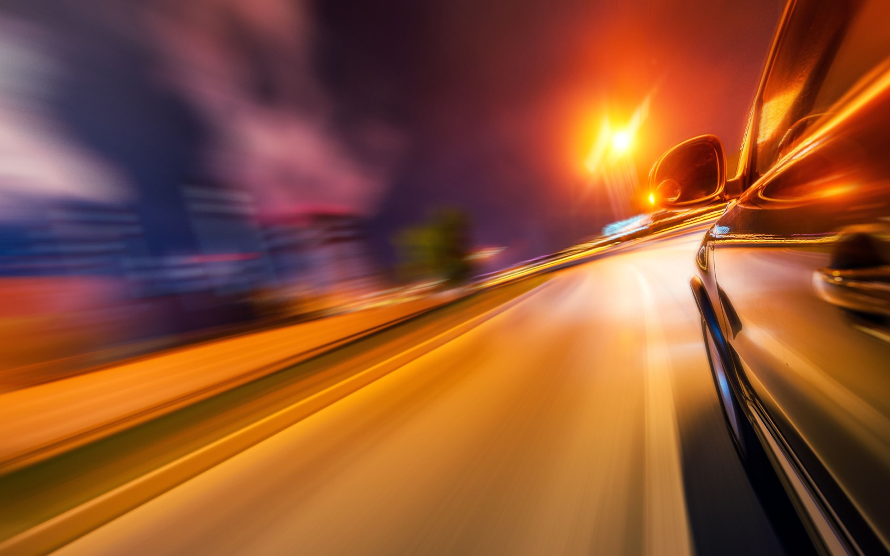 Download wallpaper car driving at night, motion blur, car at