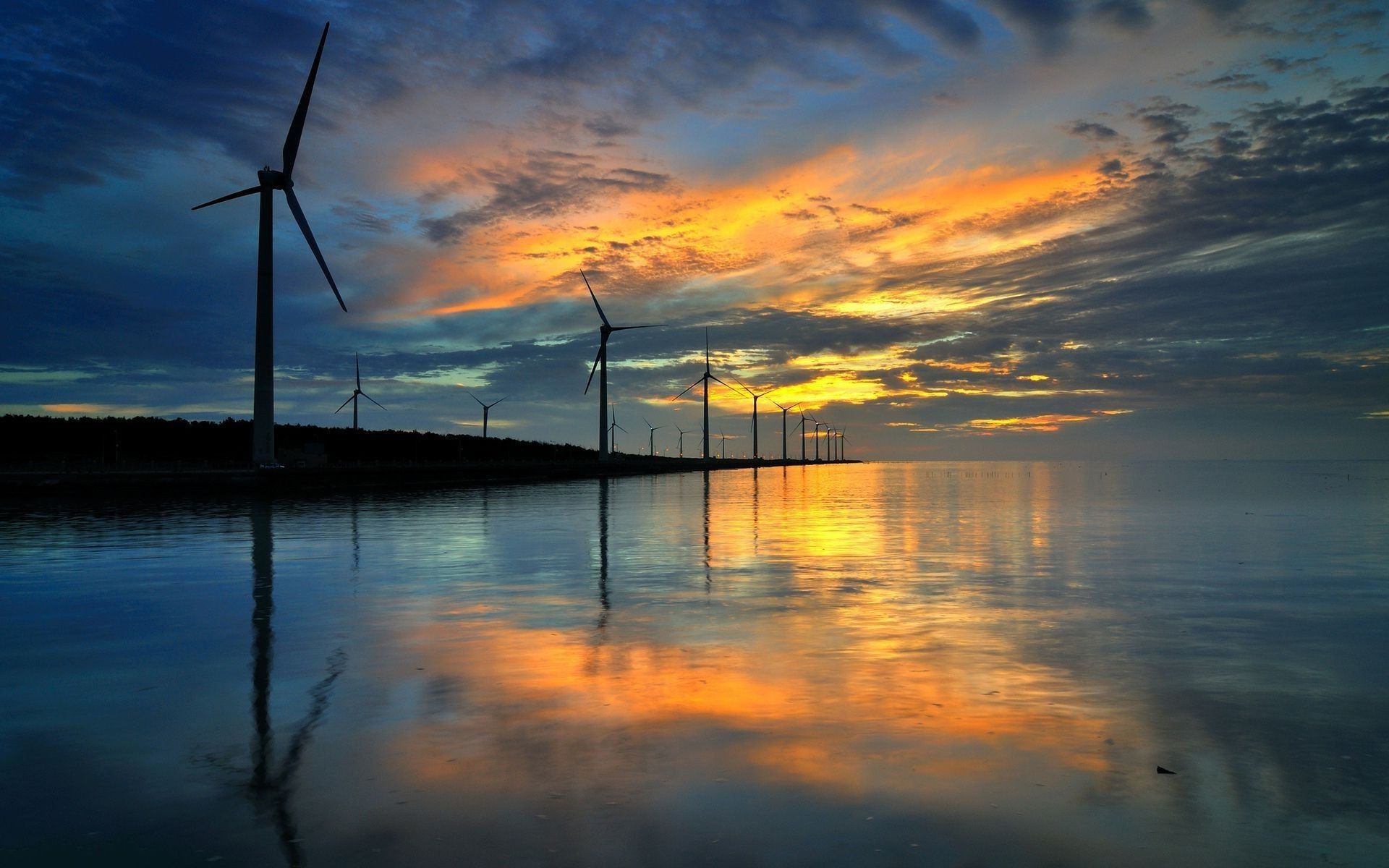 sunset, Nature, Reflection, Wind Turbine Wallpaper HD / Desktop