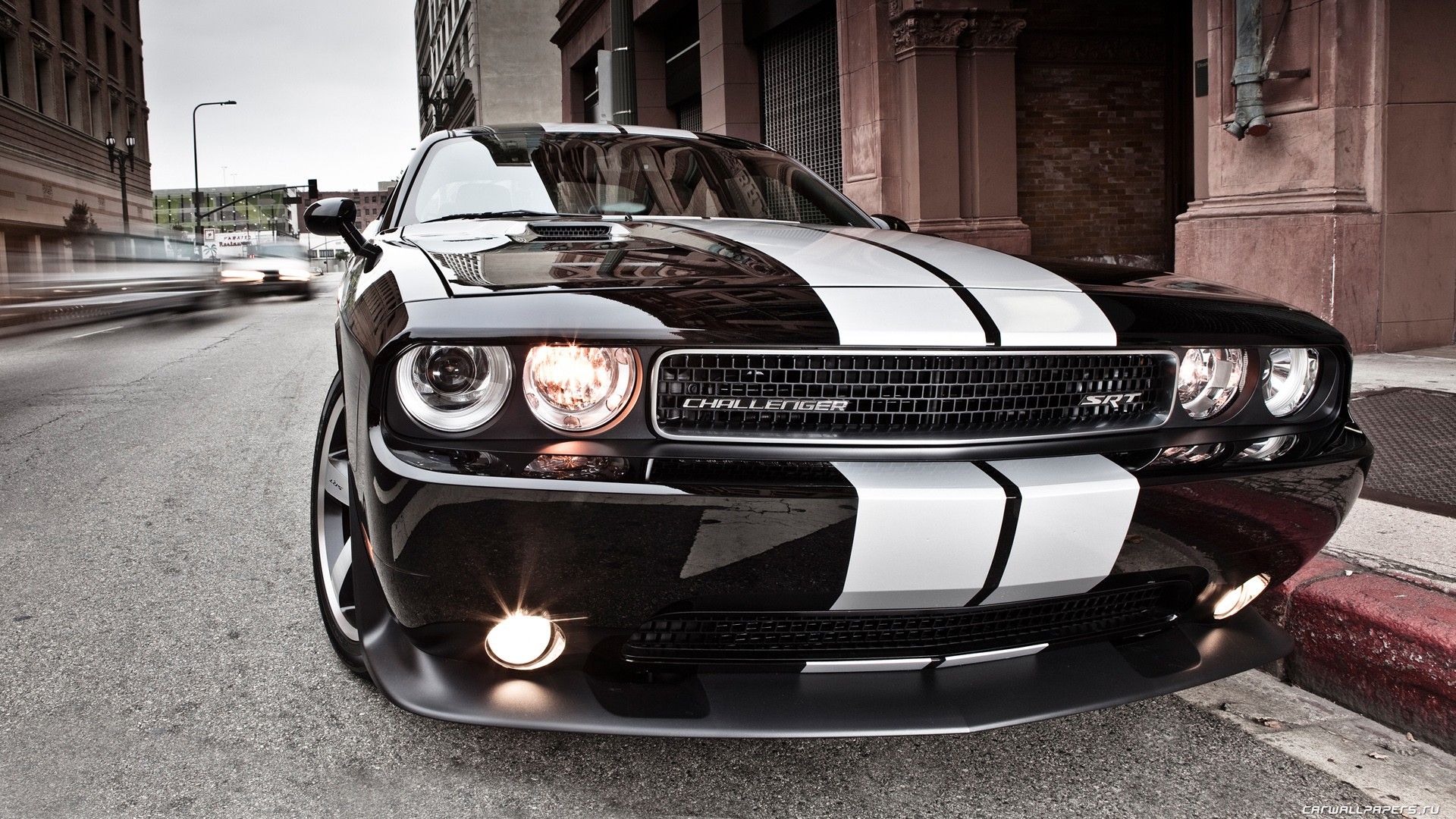 black, white, wheels, logos, asphalt, Dodge Challenger SRT