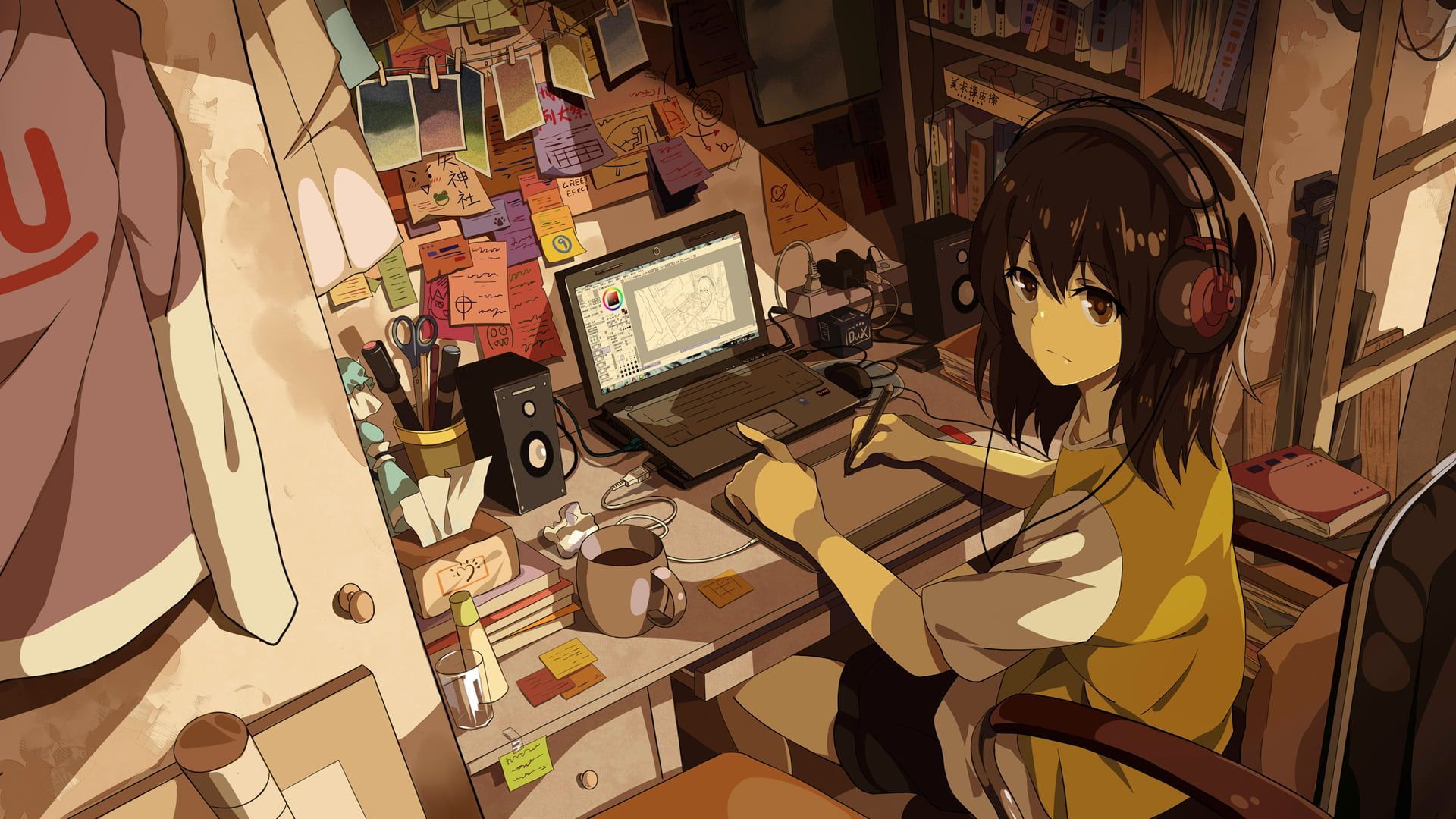 female anime character sitting on chair near laptop computer