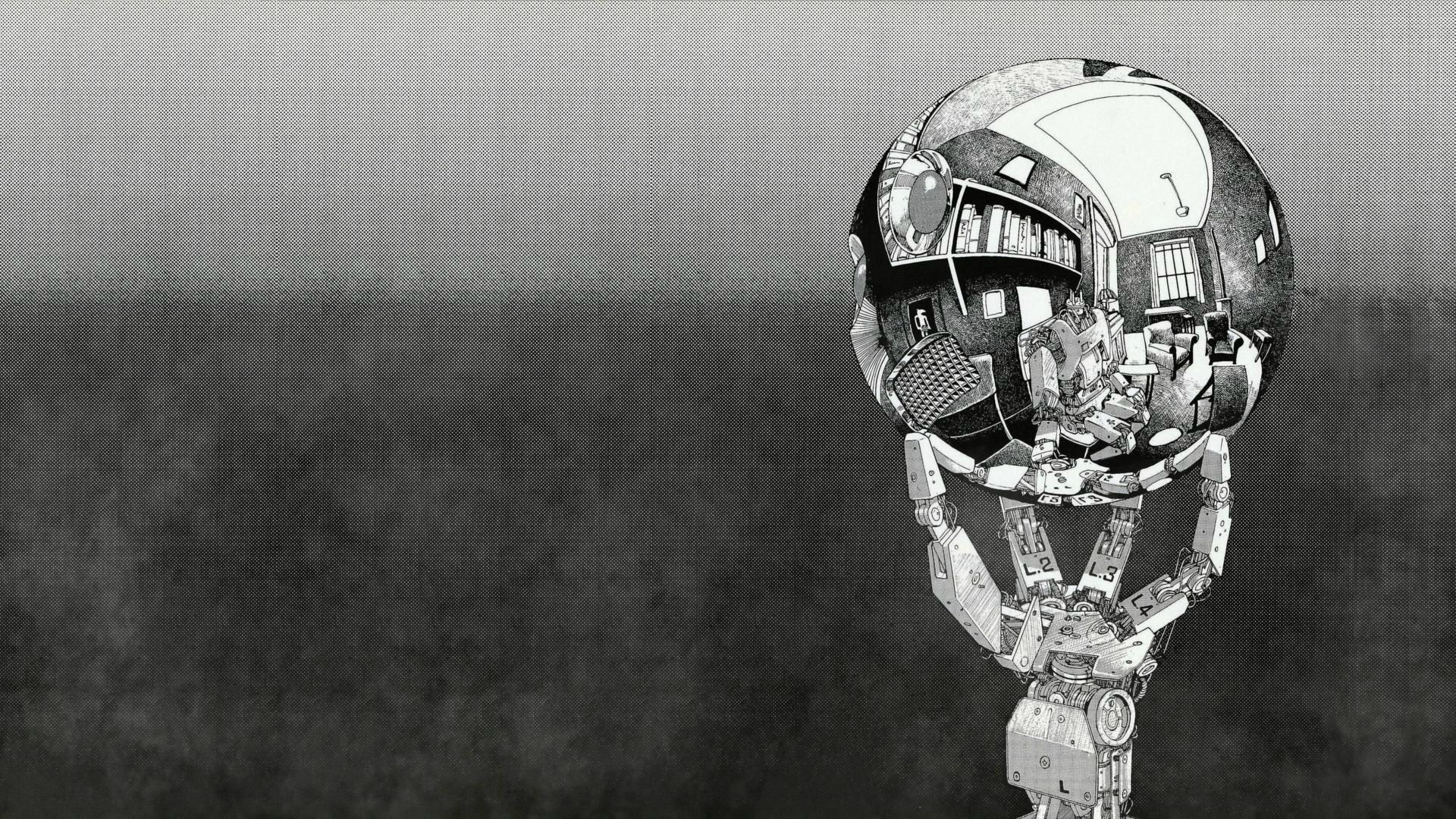 M. C. Escher, Robot, Monochrome, Sphere, Reflection Wallpaper HD