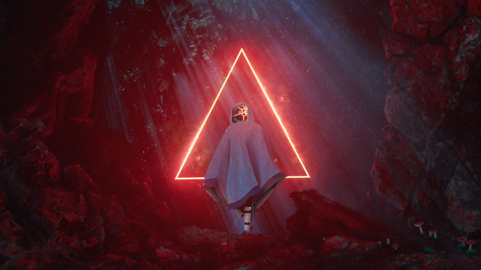 Download wallpaper 1920x1080 ghost, triangle, glow, red, cave