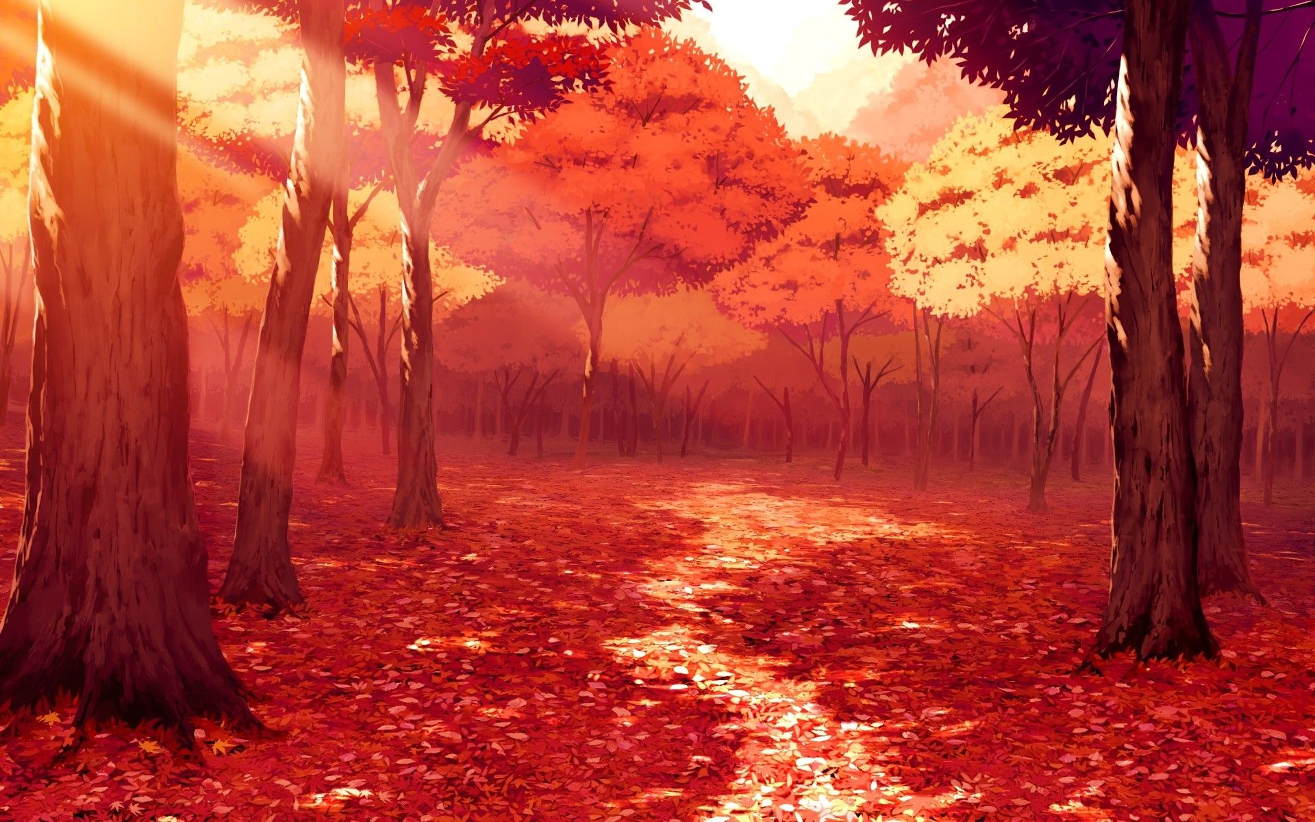 drawing, Artwork, Fall, Leaves, Sunlight, Forest, Red, Anime