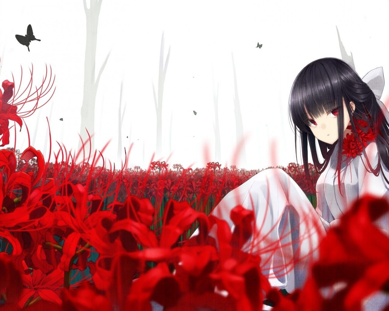 Download 1280x1024 Red Eyes, Anime Girl, Butterfly, Flowers, Black