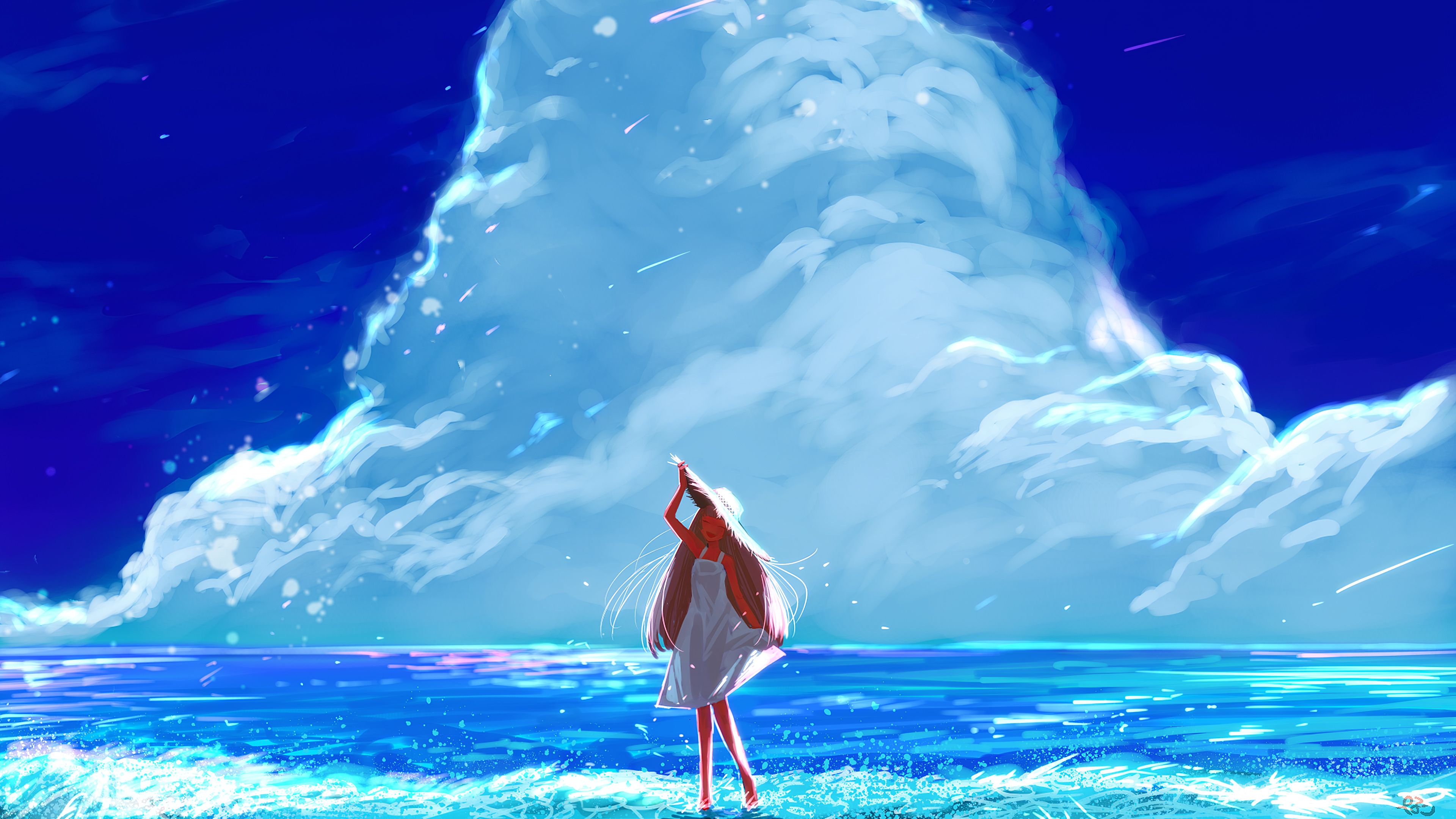 Anime Girl Beach Happy Long Hair Clouds 4k 720P HD 4k Wallpaper, Image, Background, Photo and Picture