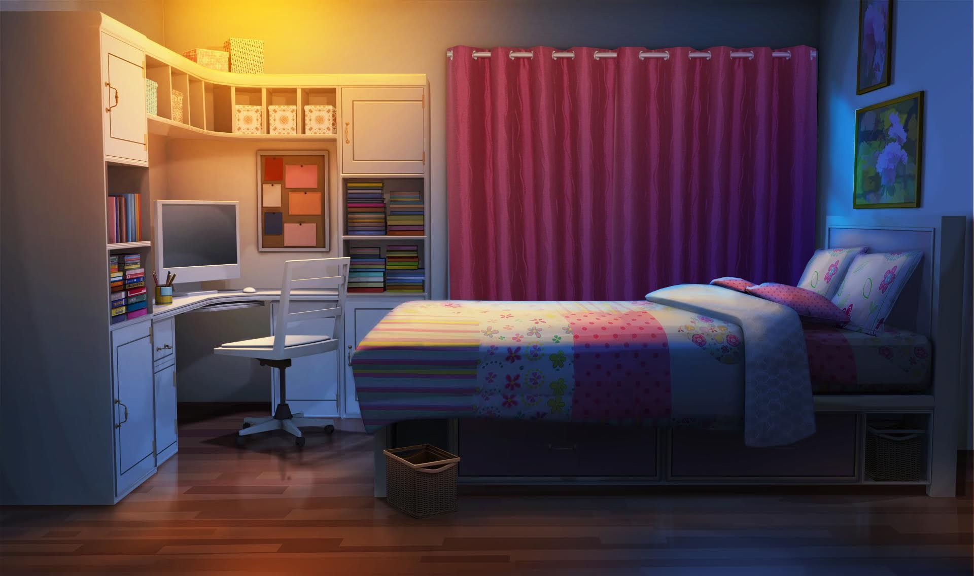 Với phòng anime đêm đầy những màu sắc và đường nét đặc trưng của phong cách anime, bạn sẽ bị lôi cuốn vào thế giới ảo của các nhân vật bạn yêu thích. Hãy thử tưởng tượng mình đang ở đó và cảm nhận sự thú vị của nó!