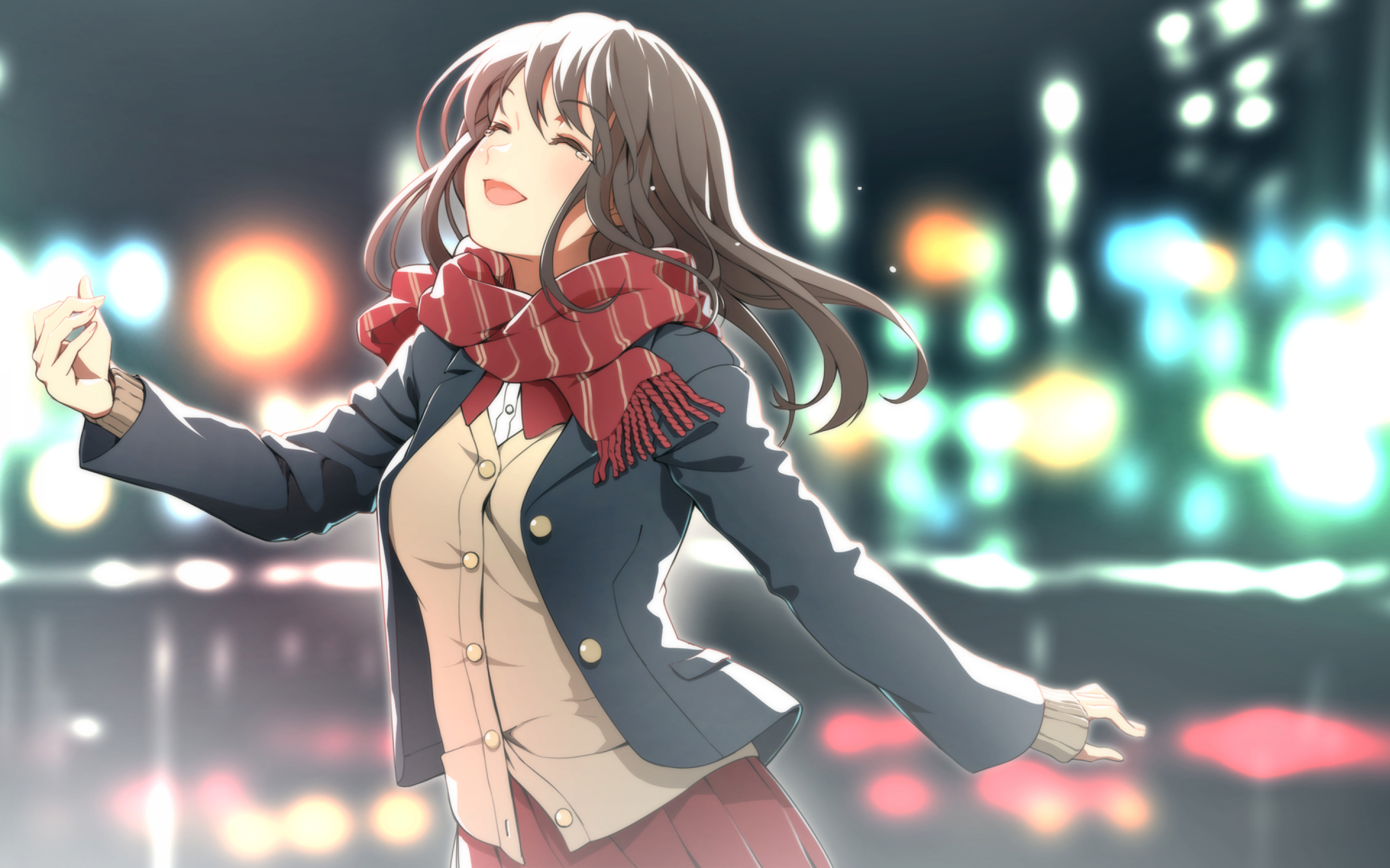 Download 2880x1800 Anime Girl, Happy Tears, Scarf, Bokeh, Lights.