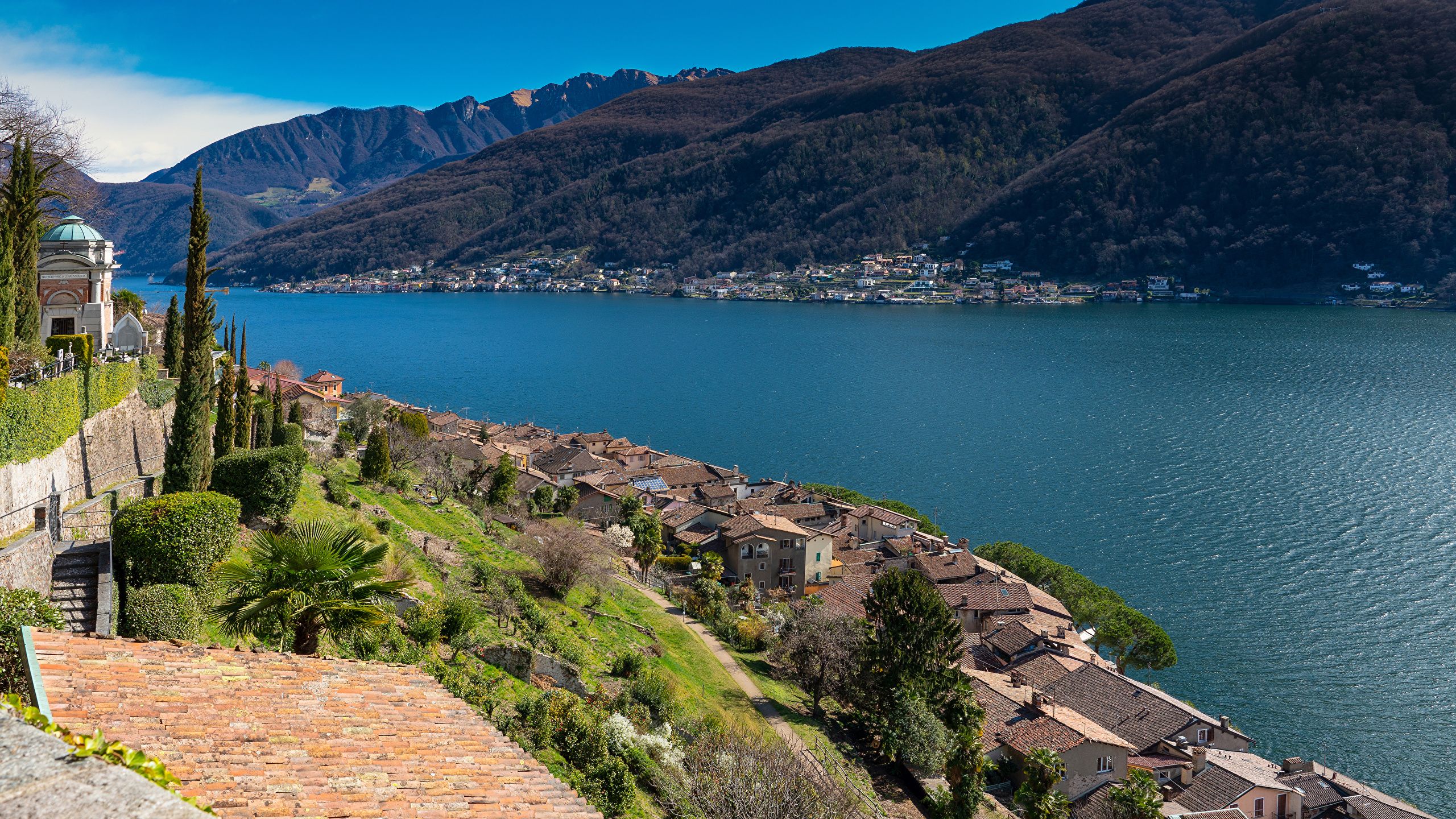Wallpaper Switzerland Morcote Lake Lugano Roof Cities 2560x1440