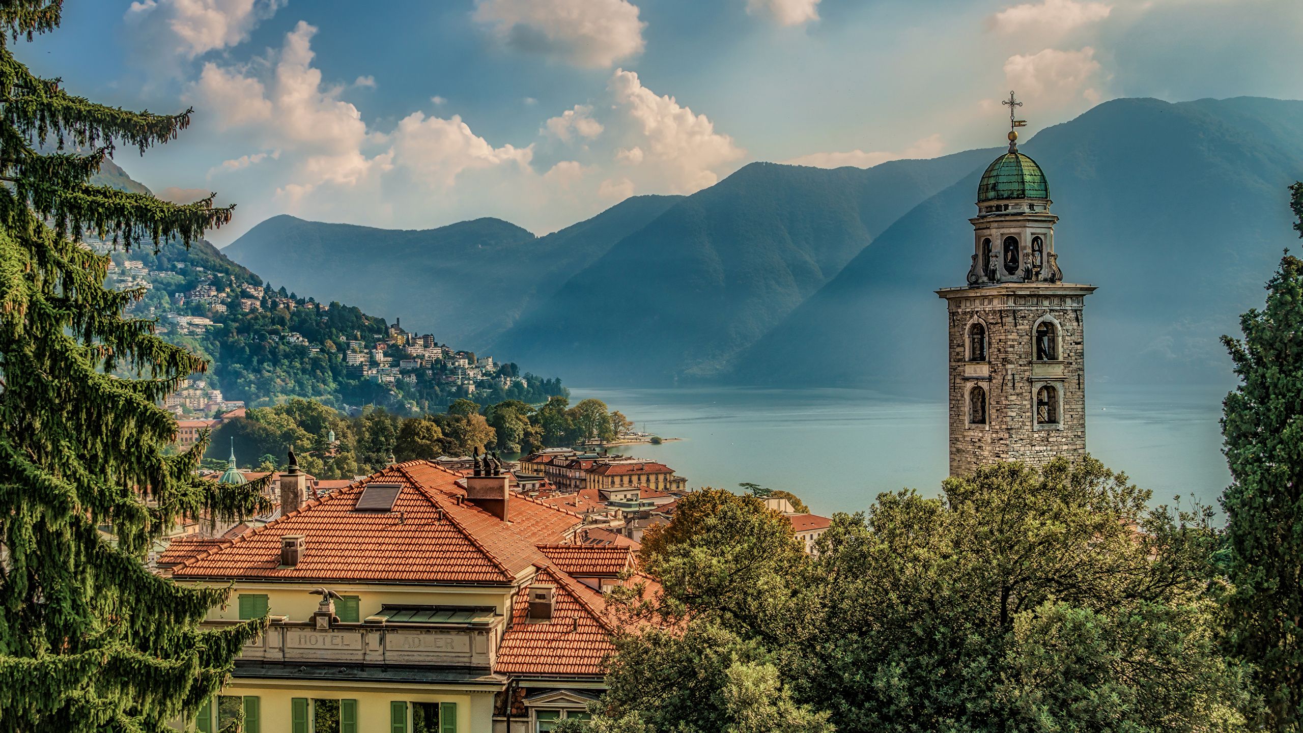 Desktop Wallpaper Switzerland Tower Lugano Roof Mountains 2560x1440