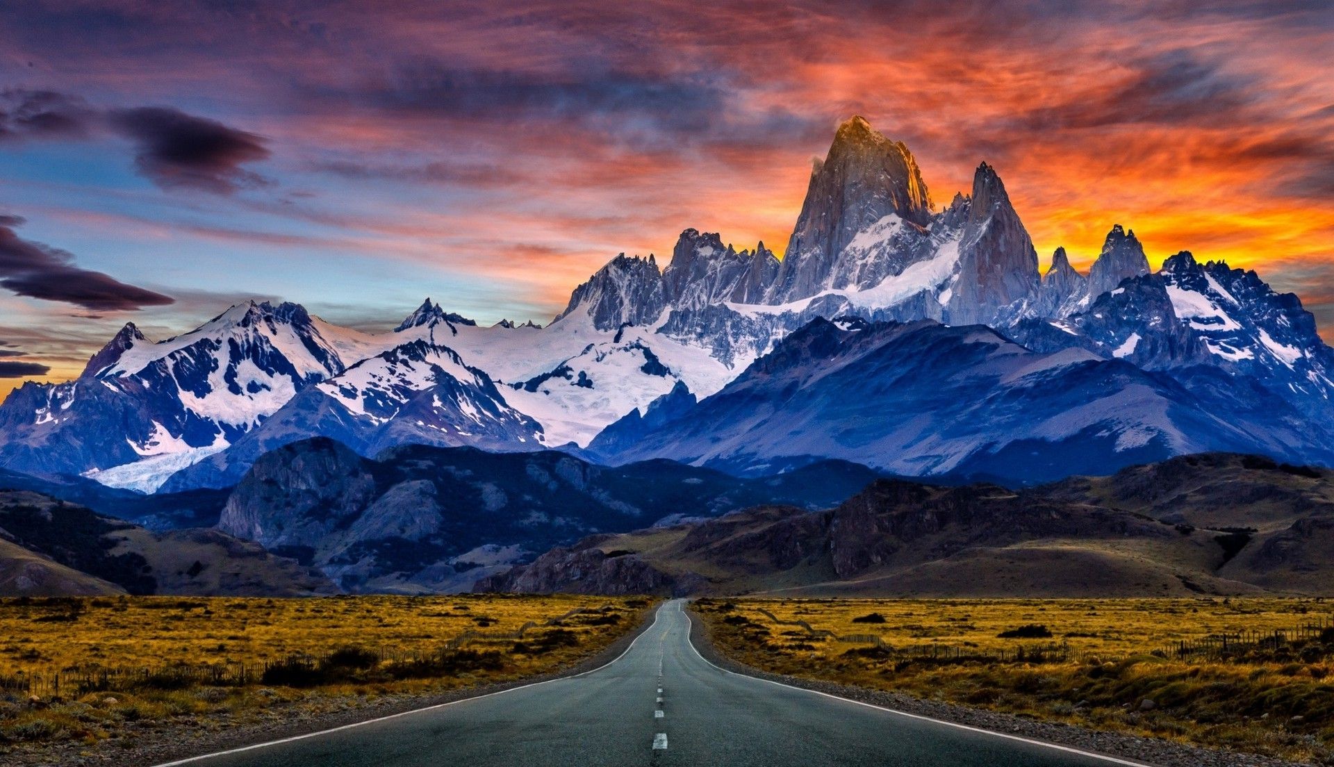 nature, Landscape, Road, Mountain, Sunset, Snowy Peak, Argentina