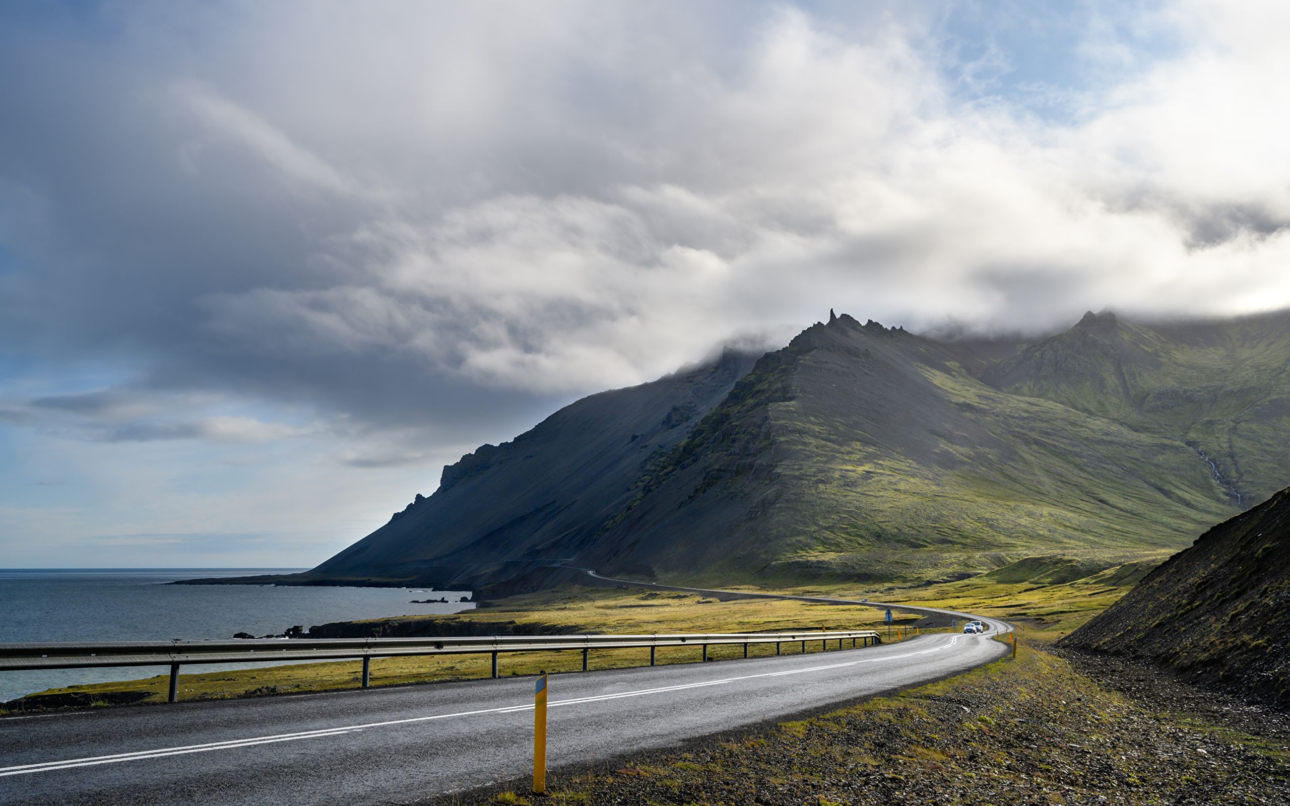 Picture Iceland Nature mountain Roads Coast Clouds 2560x1600