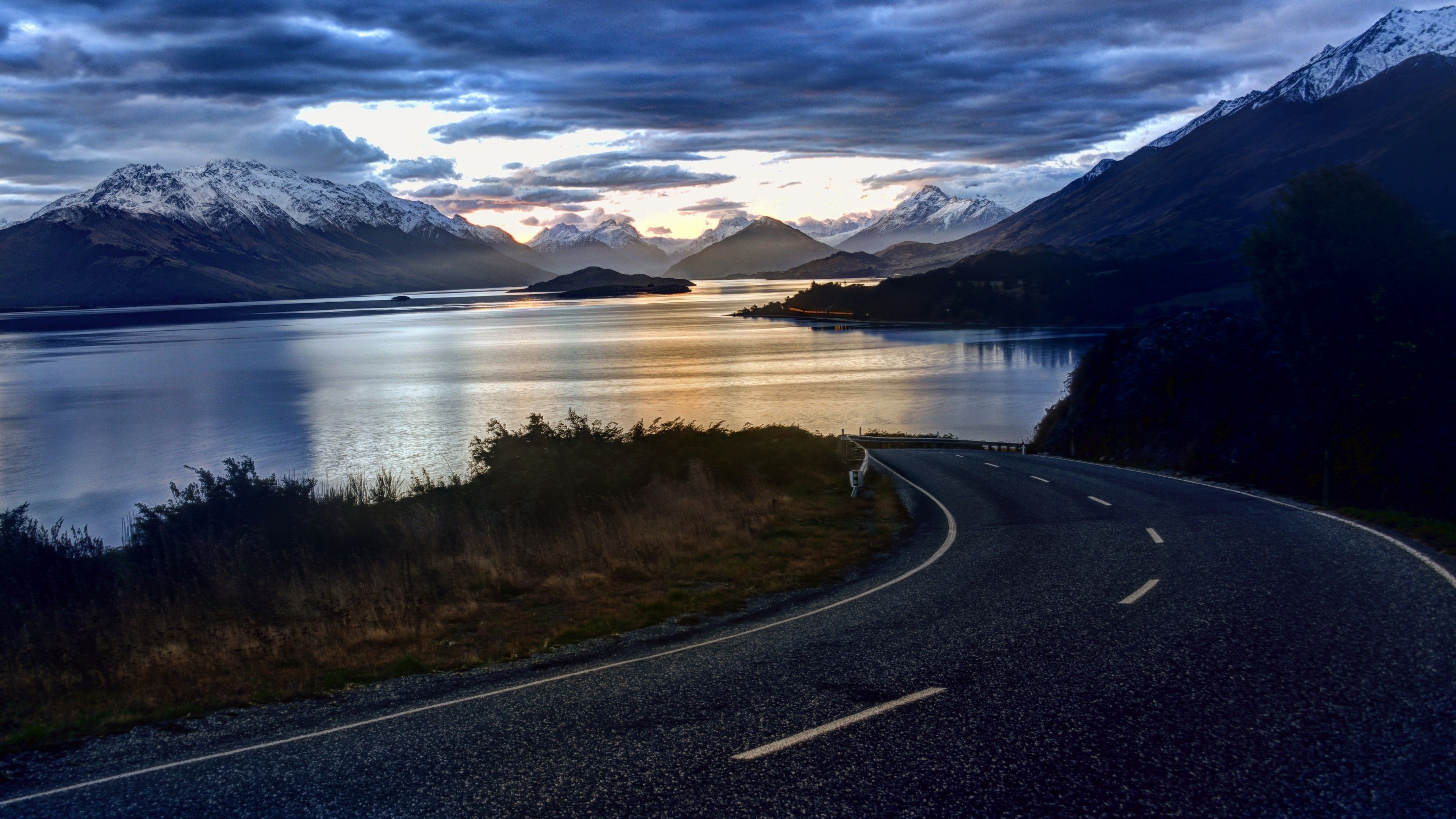 Wallpaper New Zealand, 4k, HD wallpaper, nature, sky, clouds, lake, road, landscape, water, mountain, Nature