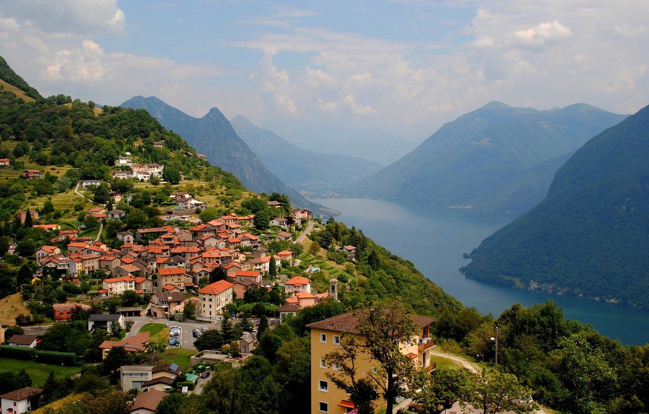 Wallpaper mountains, lake, home, Switzerland, haze, Lugano image