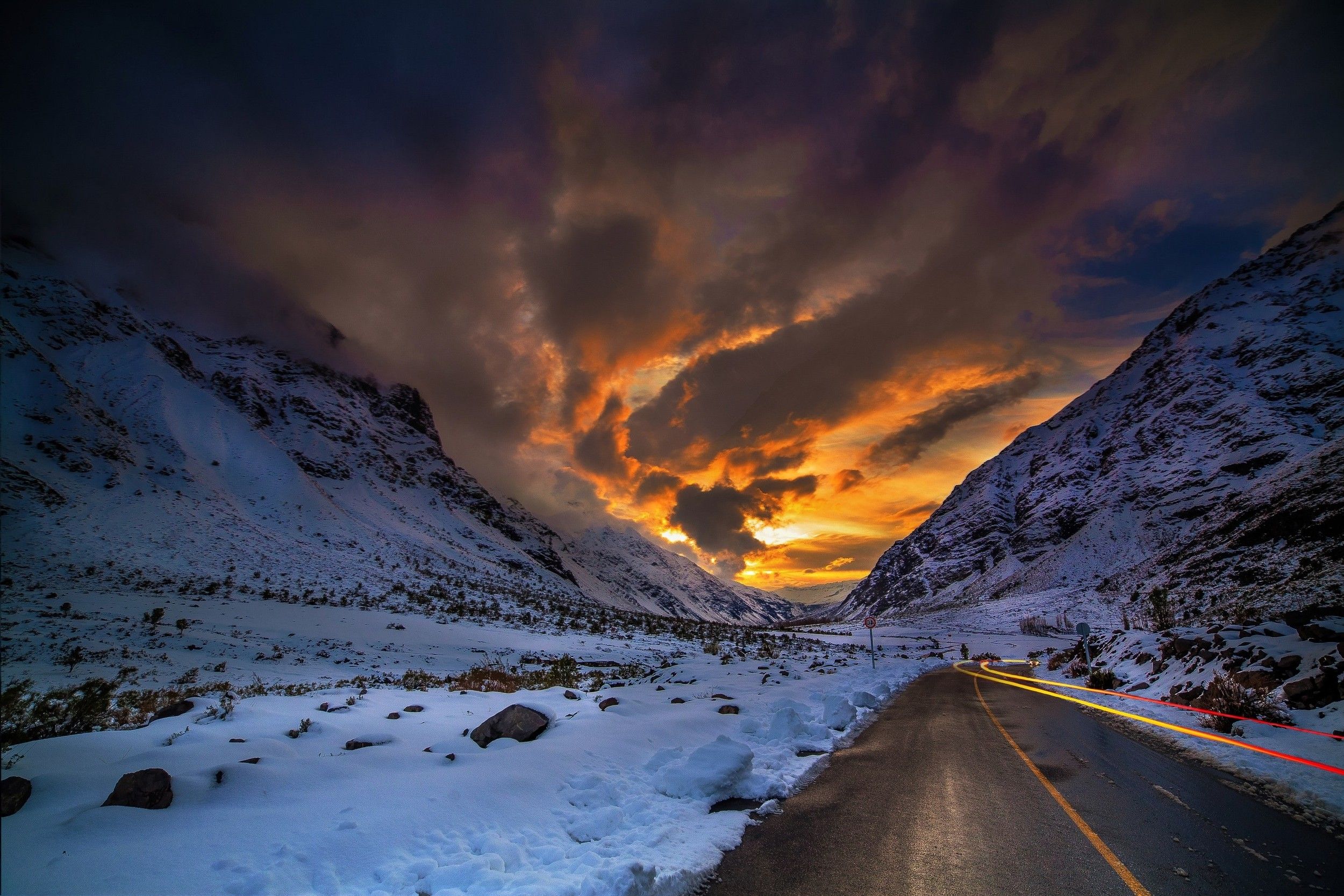 nature, Landscape, Road, Mountain, Sunset, Winter, Snow, Clouds