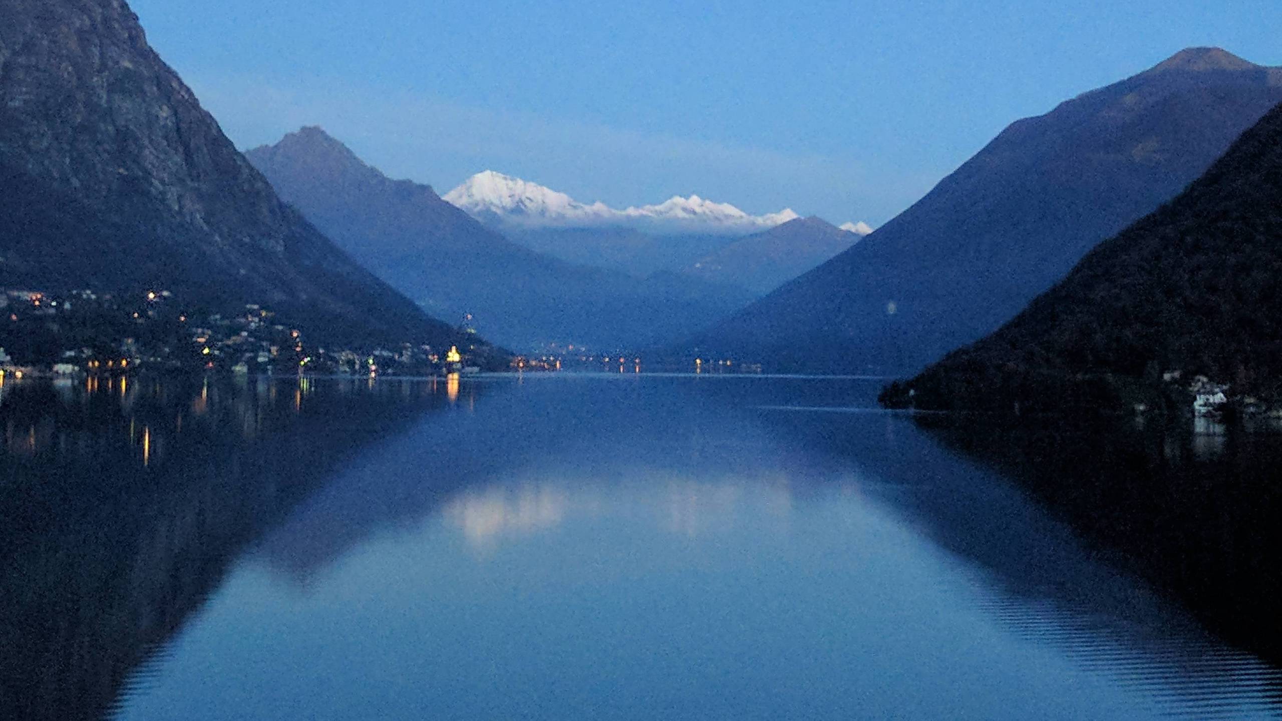 Lake Lugano, Switzerland view from a gas station tonight