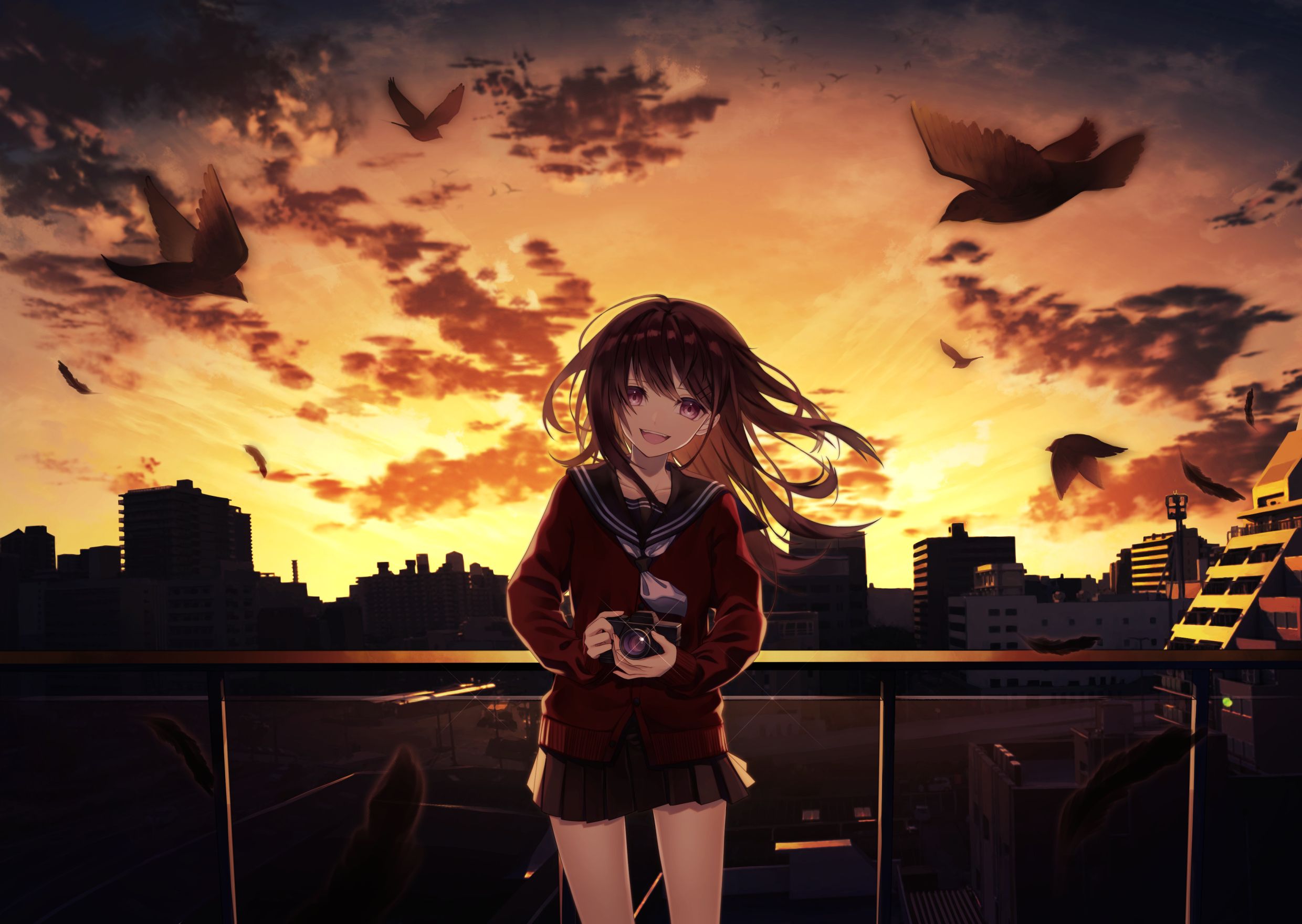 Smiling Anime Girl Taking Photographs Cityscape 4k, HD Anime, 4k