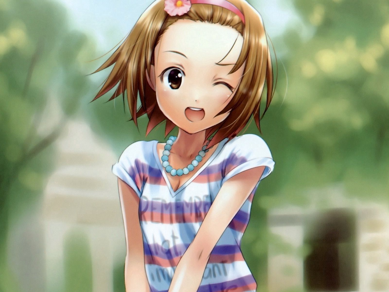 Download wallpaper 1600x1200 anime, girl, shirt, necklace, smiling