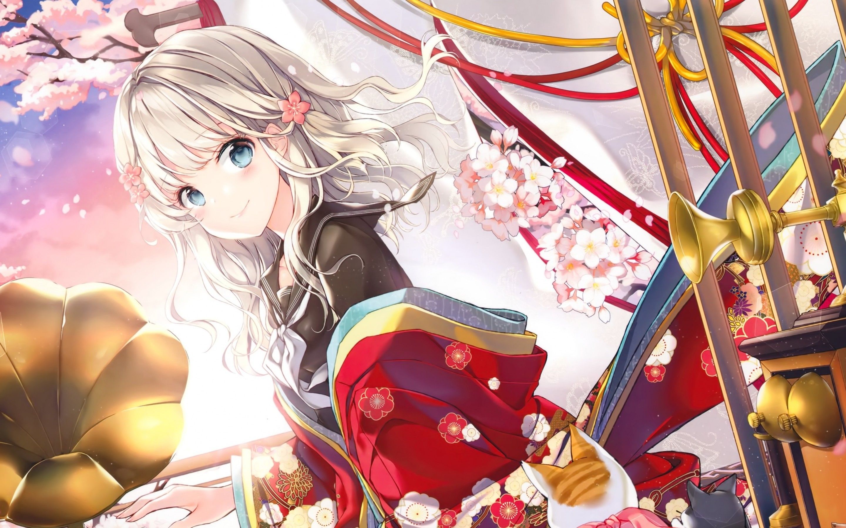 Download 2880x1800 Sakura Blossom, Kimono, Anime Girl, Smiling