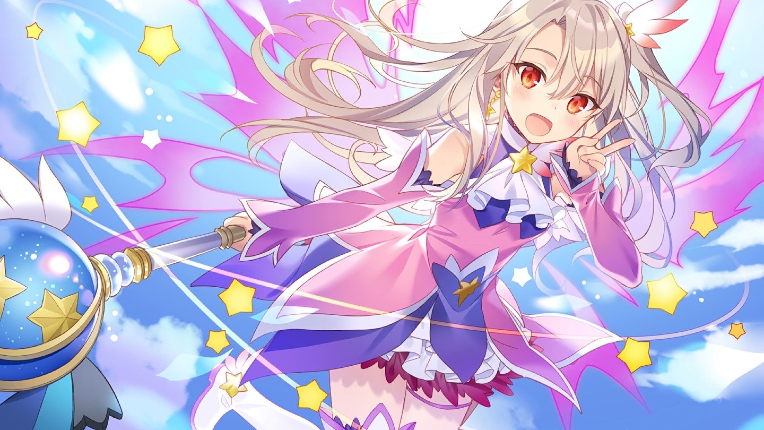 Download 2560x1440 Magical Anime Girl, Smiling, Staff, Dress