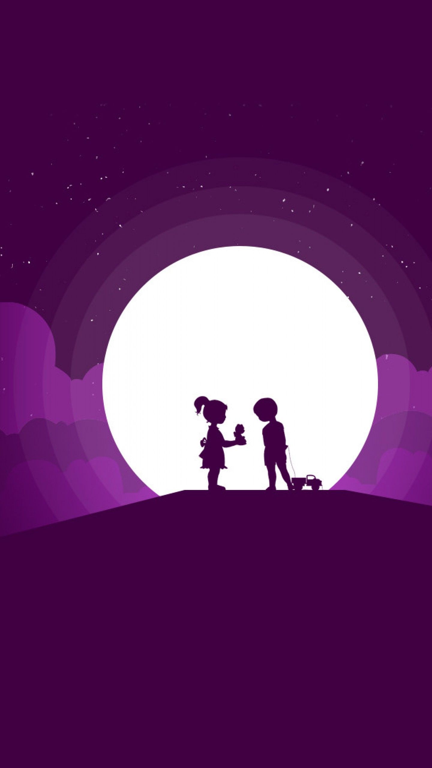 Wallpaper Boy, Girl, Moon, Silhouette, Playing kids, HD, Minimal