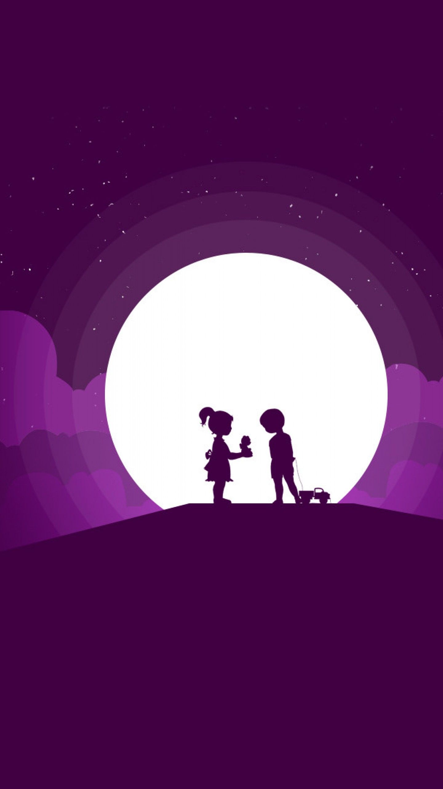 Wallpaper Boy, Girl, Moon, Silhouette, Playing kids, HD, Cute