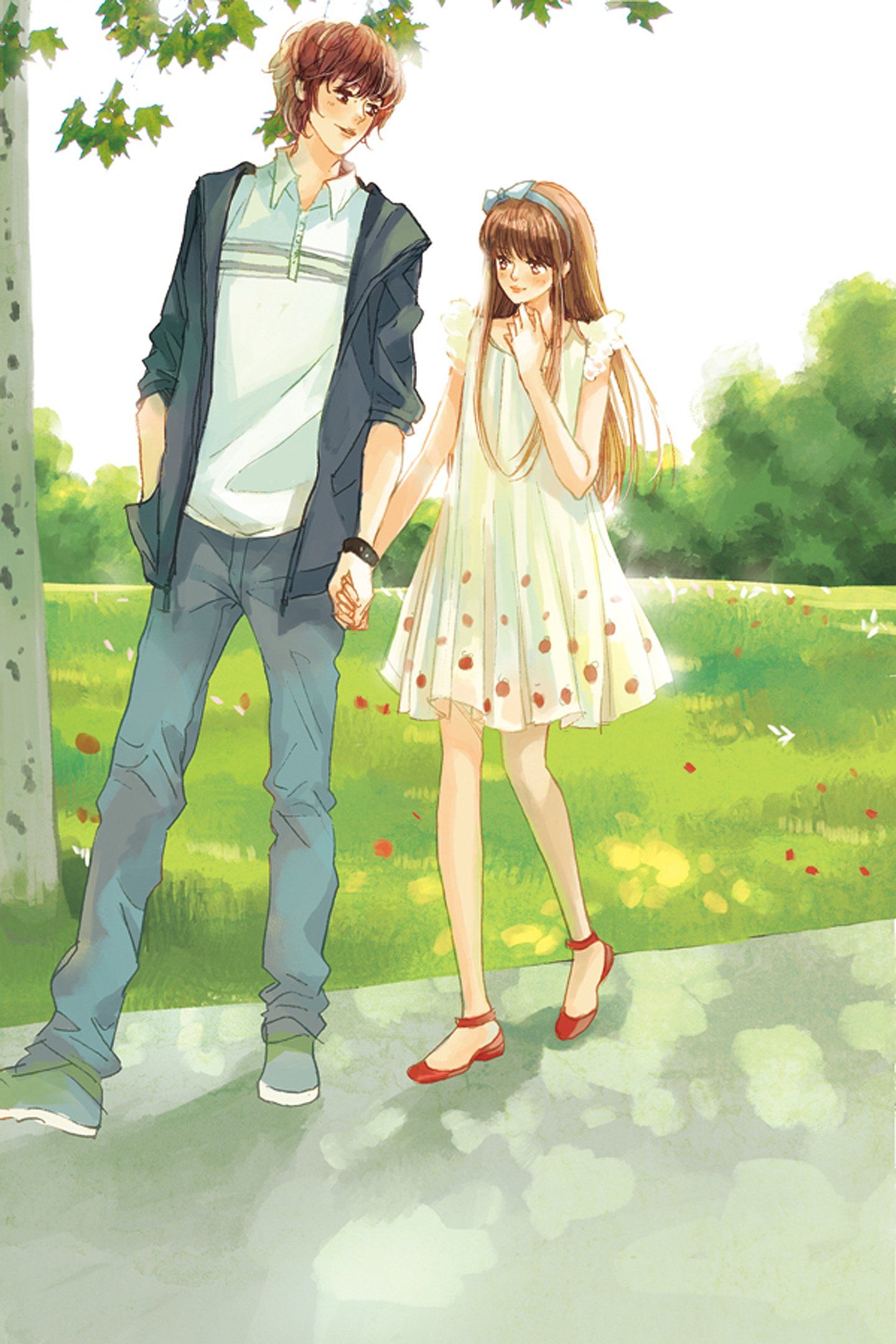 love, Anime, Couple, Boy, Girl, Tree, Red, Shoes, White, Dress