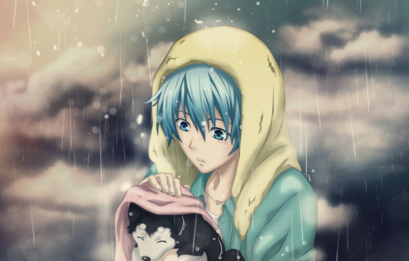 Wallpaper sadness, rain, mood, dog, anime, puppy, guy, care image