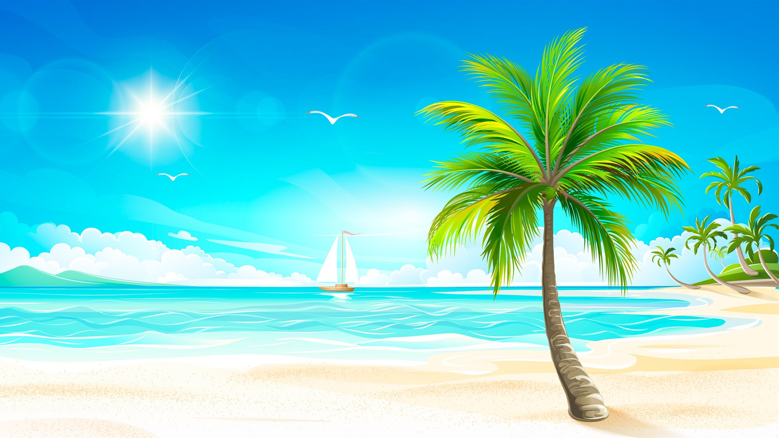 Wallpaper Vector design, beach, palm trees, sun, sea, boats, birds