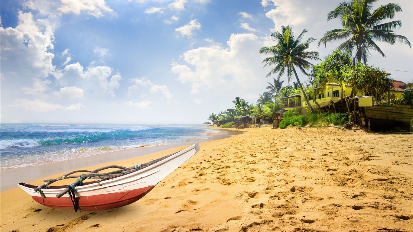 Wallpaper Boat, beach, sea, palm trees, tropical 5120x2880 UHD 5K