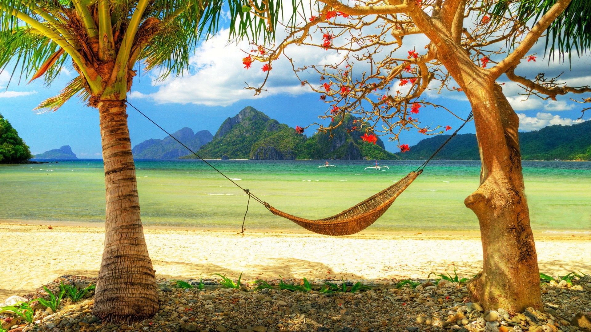 Tropics, holiday, Sea, Apple Background, Beaches, Trees, Mountains