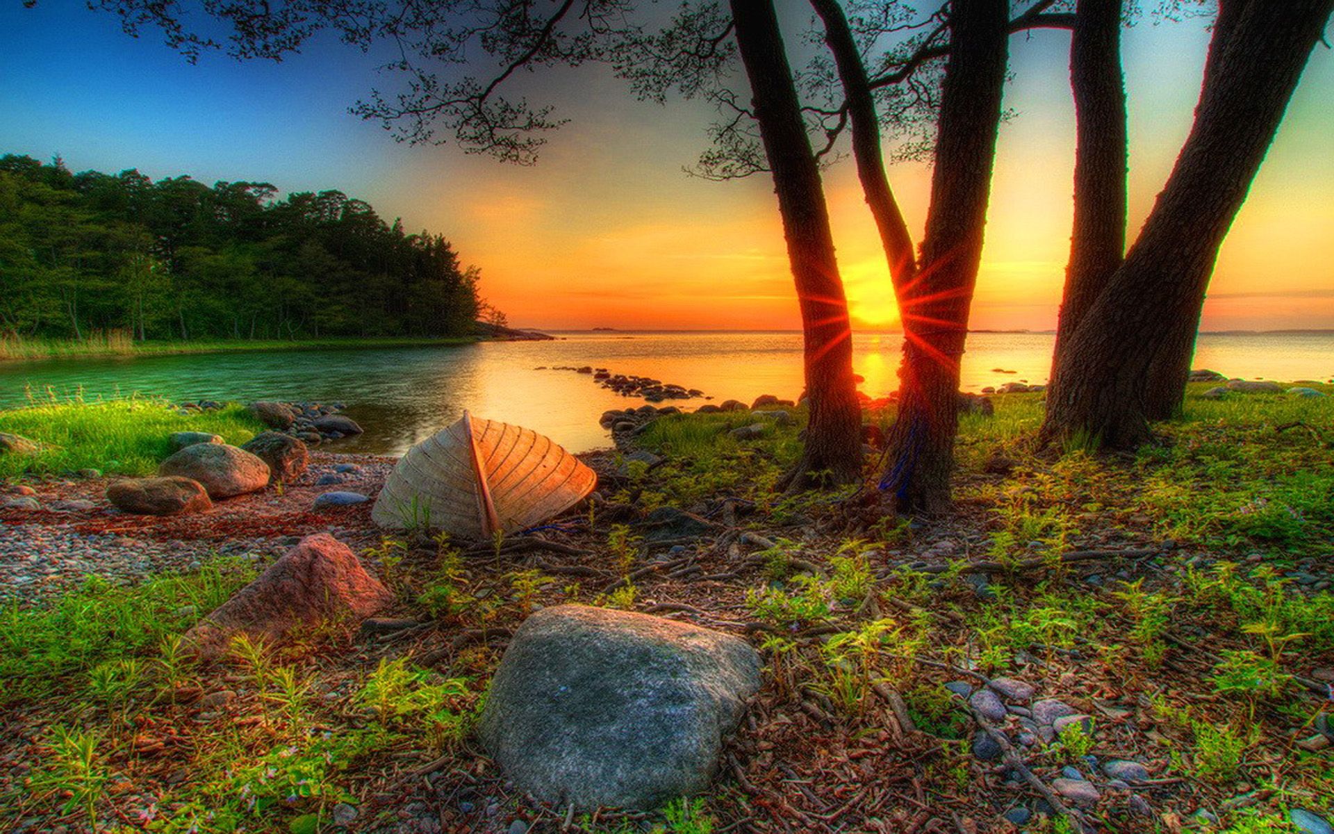 Lake Glow Arunachal Pradesh India Fire Sun Sunset Sun Trees Grass Stones Boat Landscape Wallpaper HD 1920x1200, Wallpaper13.com