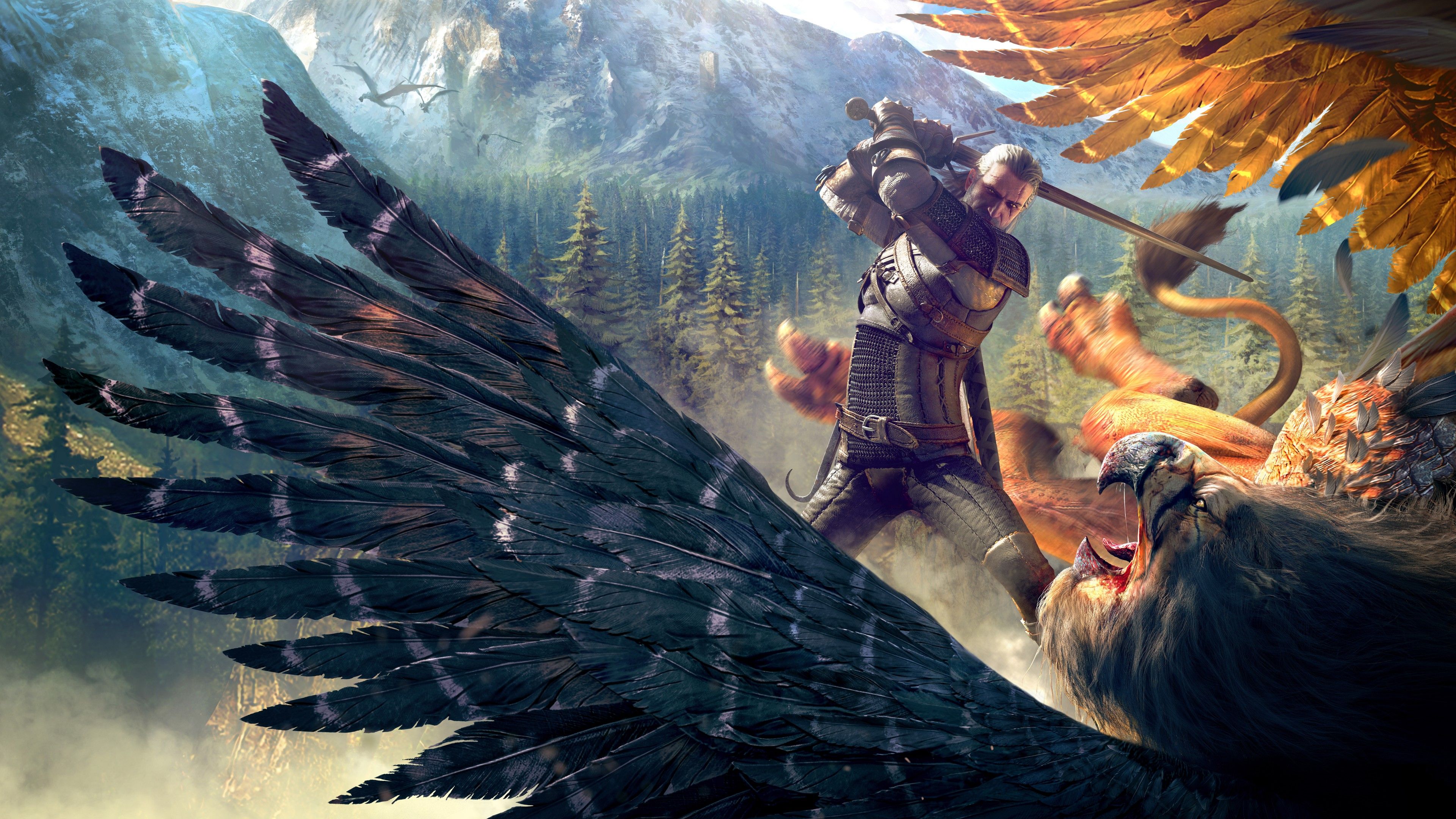 Wallpaper The Witcher 3, Wild Hunt, Geralt, Griffin, 8K, Games