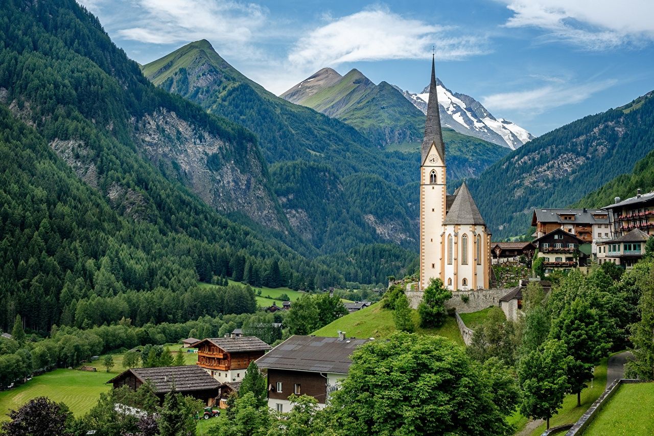 Desktop Wallpaper Church Alps Austria Heiligenblut Nature mountain