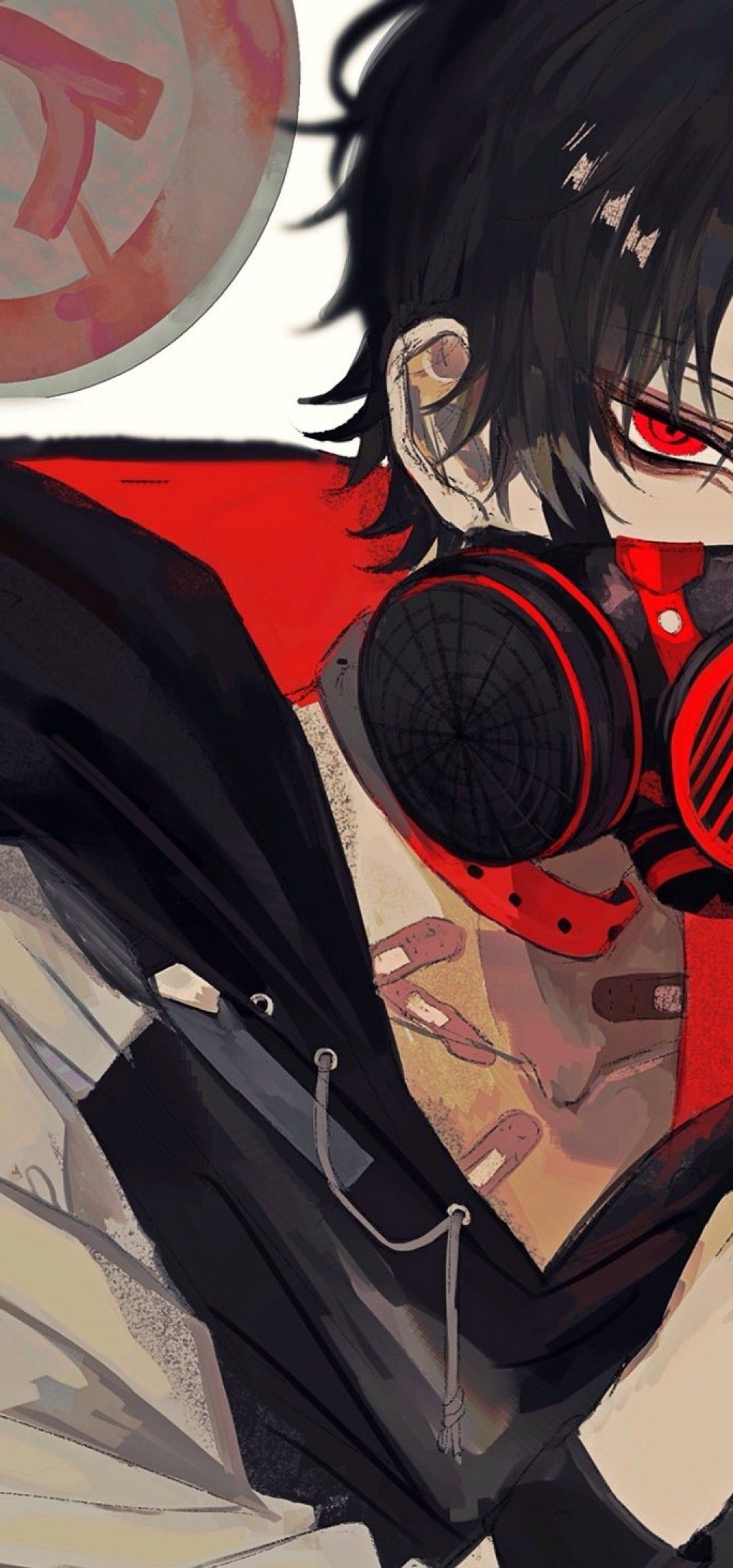 Download 1080x2310 Anime Boy, Gas Mask, Red Eyes, Black Hair