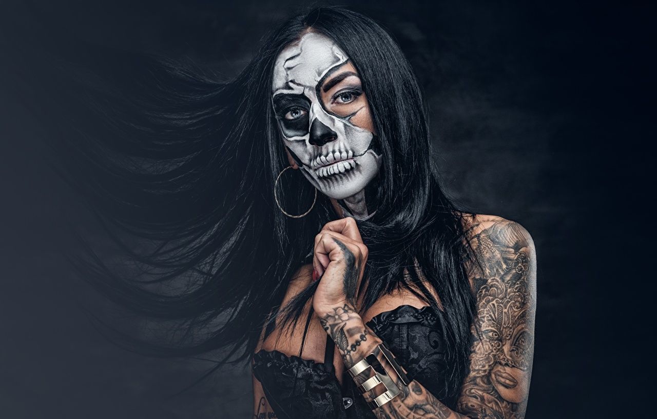 Desktop Wallpaper Tattoos Brunette girl Makeup day of the dead Hair