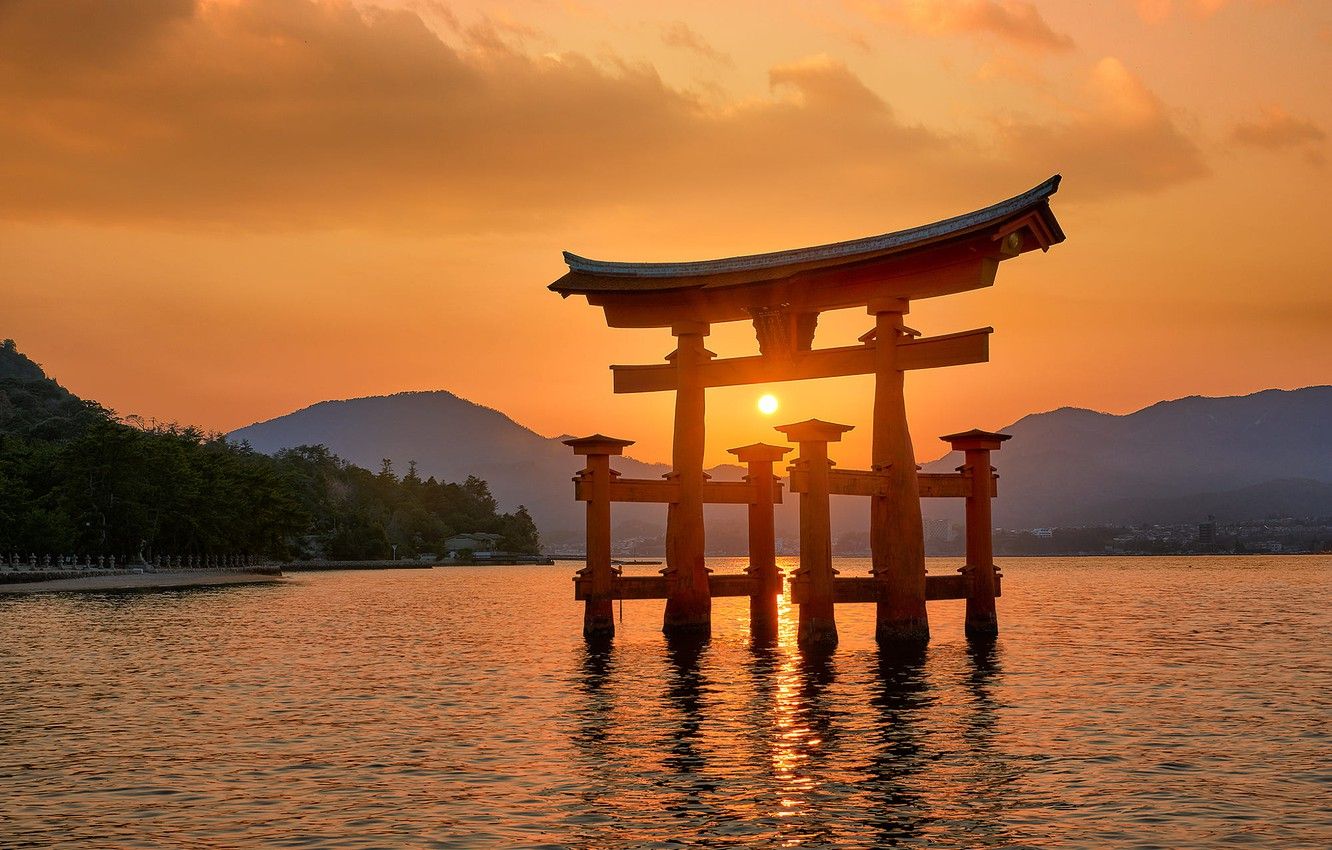Wallpaper sea, sunset, mountains, Japan, Japan, the gates, torii