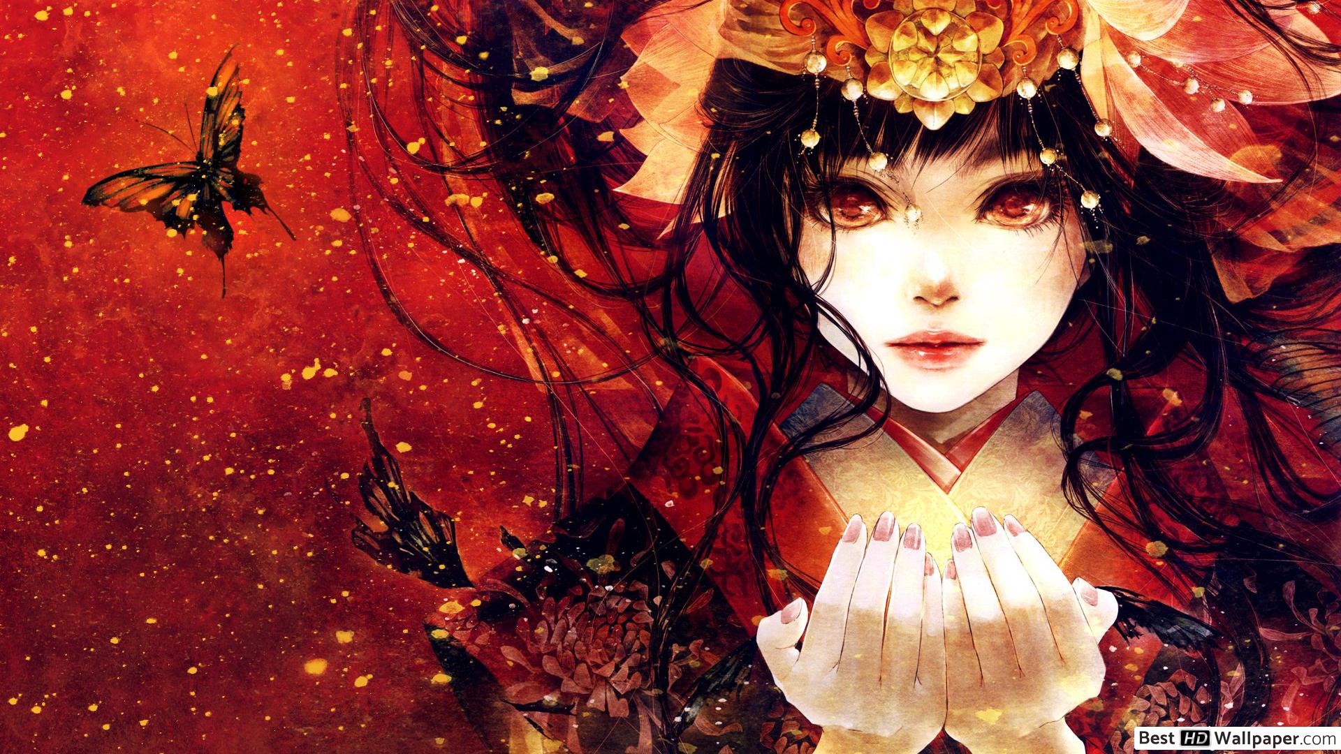 Anime Girl in Red Dress and Butterfly HD wallpaper download