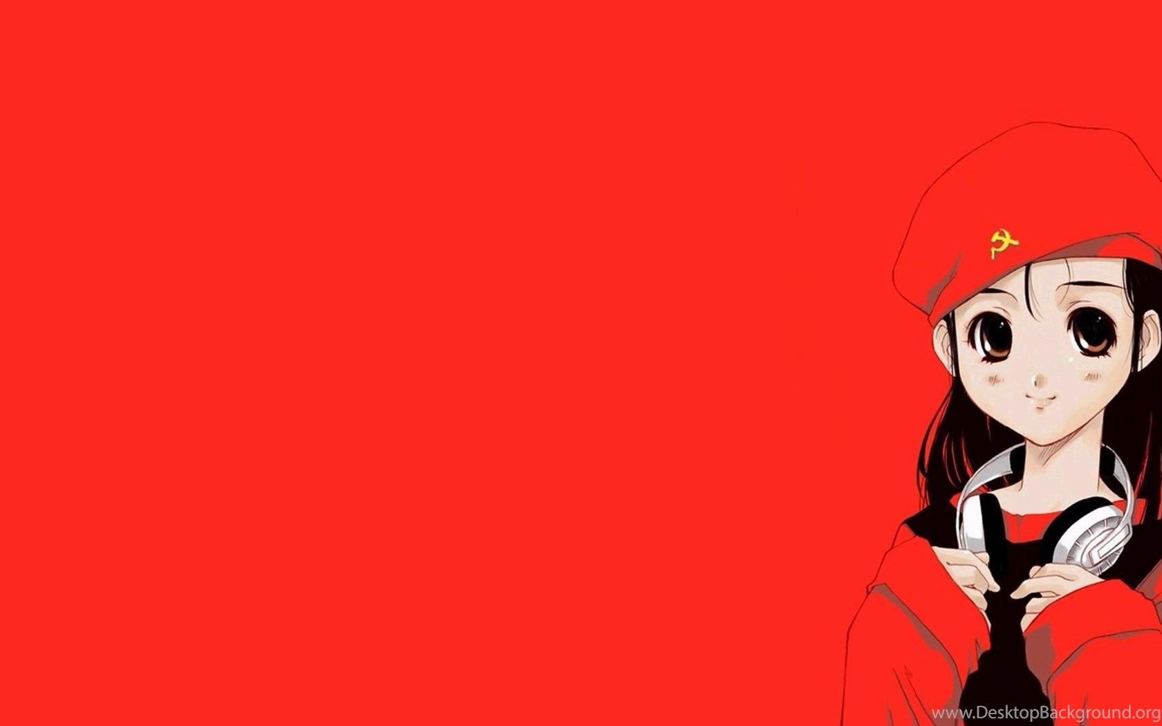 Cccp Ussr Anime Girl Headphones Red Flag Widescreen HD Wallpaper
