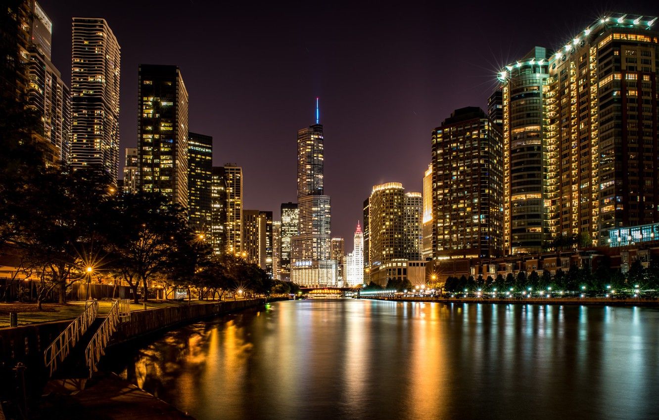 Wallpaper Night, Chicago, Skyscrapers, USA, Chicago, skyline, nightscape image for desktop, section город