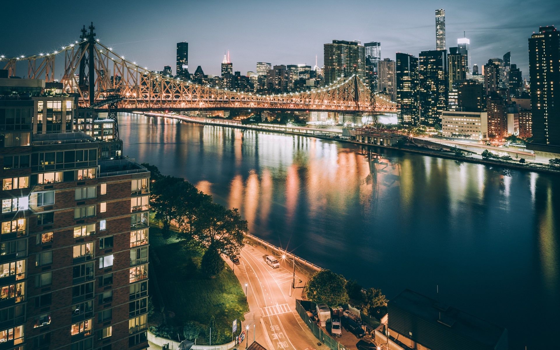 Wallpaper New York, USA, bridge, illumination, river, city nightscape 1920x1200 HD Picture, Image