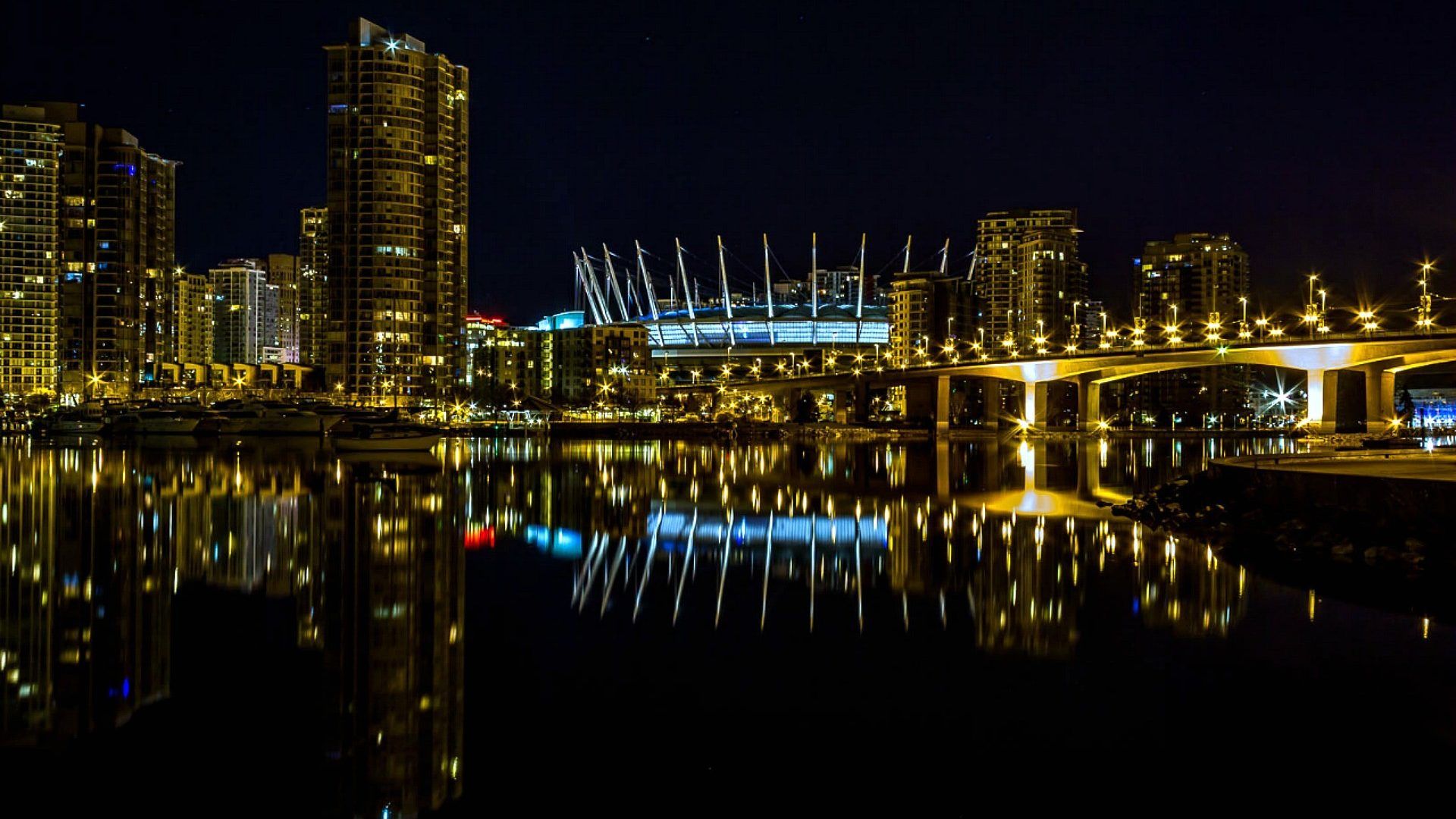 Nightscape Vancouver Nighttime Cityscape Reflection, Download Wallpaper