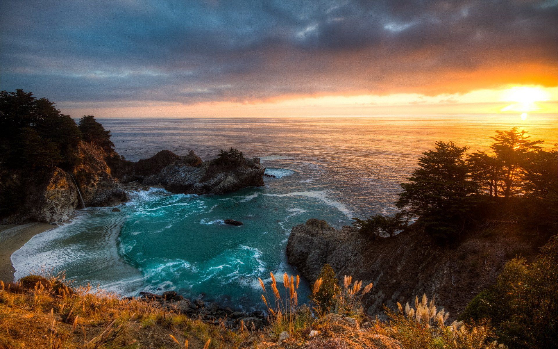 Landscape sunset california mcway falls ocean sea cliff wallpaper