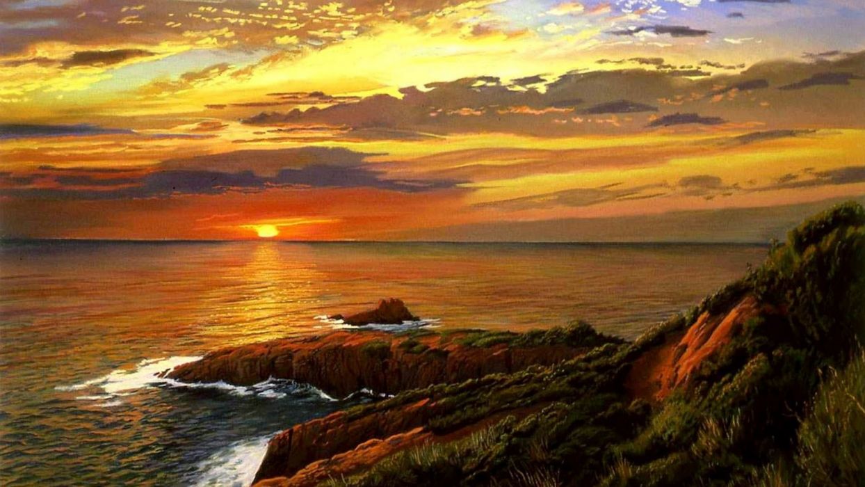 Ocean Cliff Grass Great Sunset wallpaperx1080