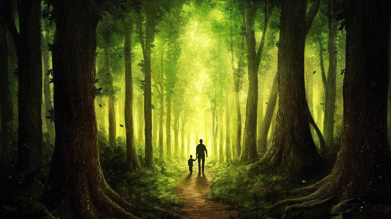 Children Walking With Dad Journey TO Forest HD Wallpaper (1366x768)