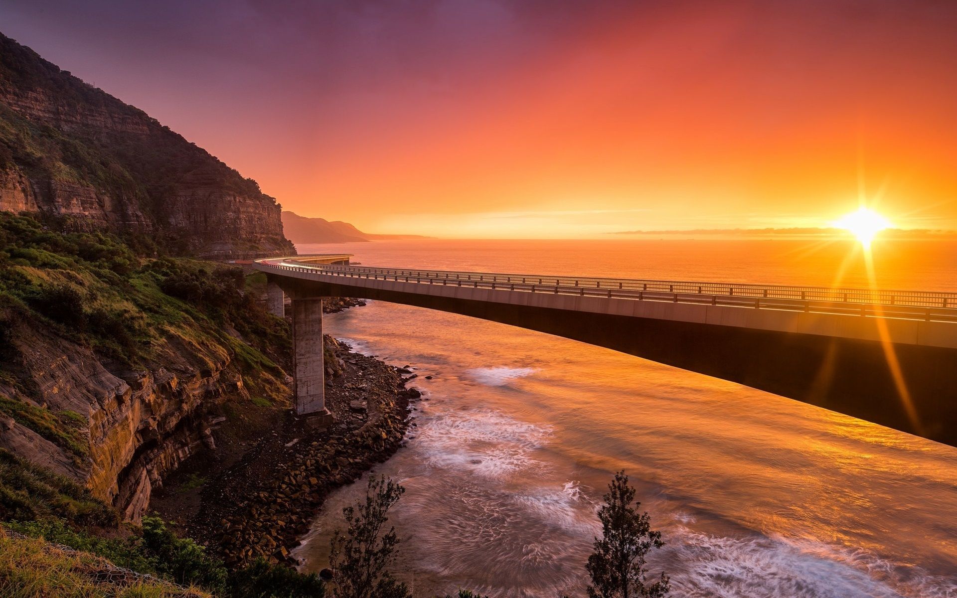 Wallpaper Sea Cliff Bridge, NSW Australia, sunset, mountains, sea