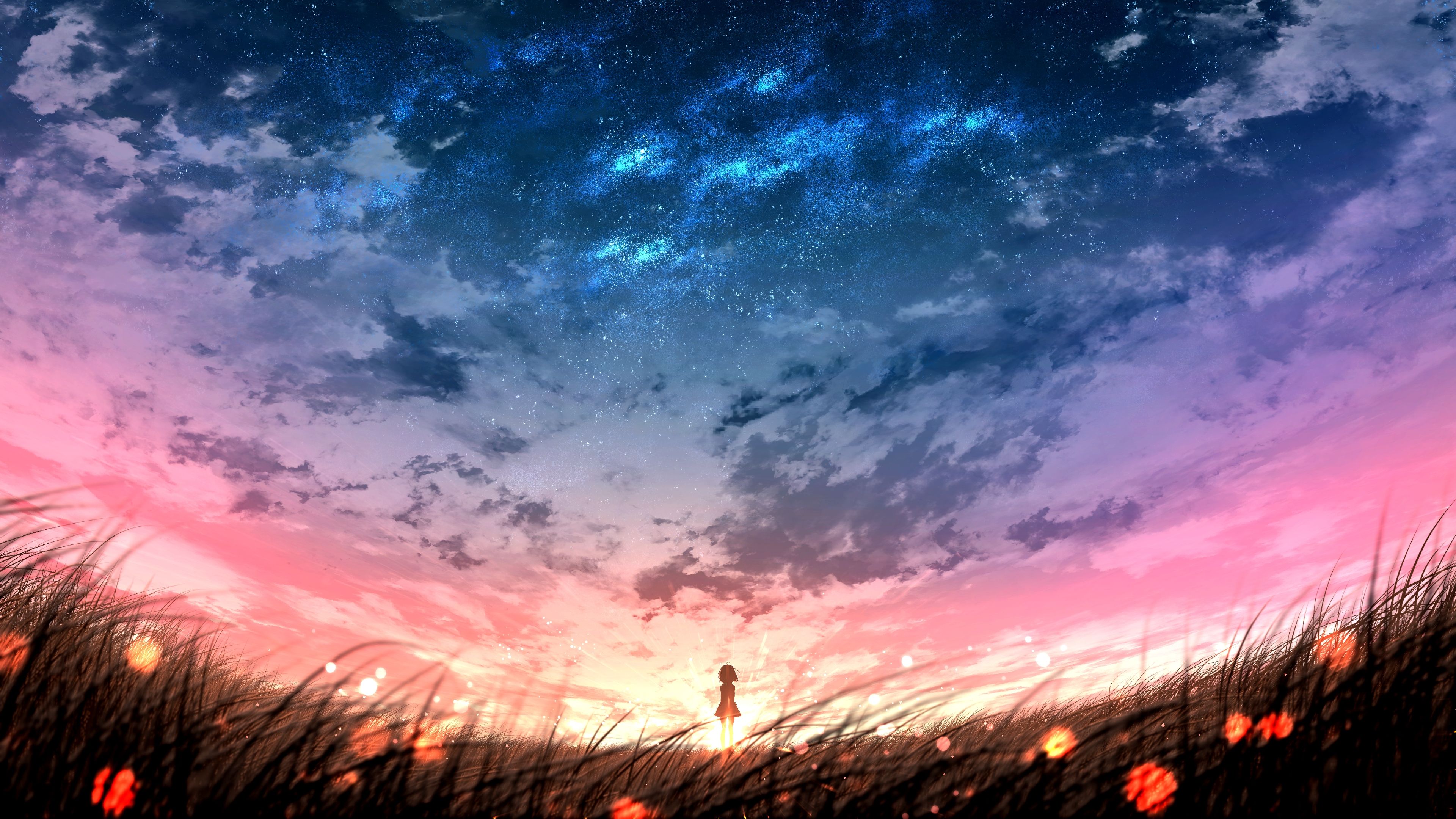 Download 3840x2160 Anime Landscape, Sunset, Plants, Field, Sky