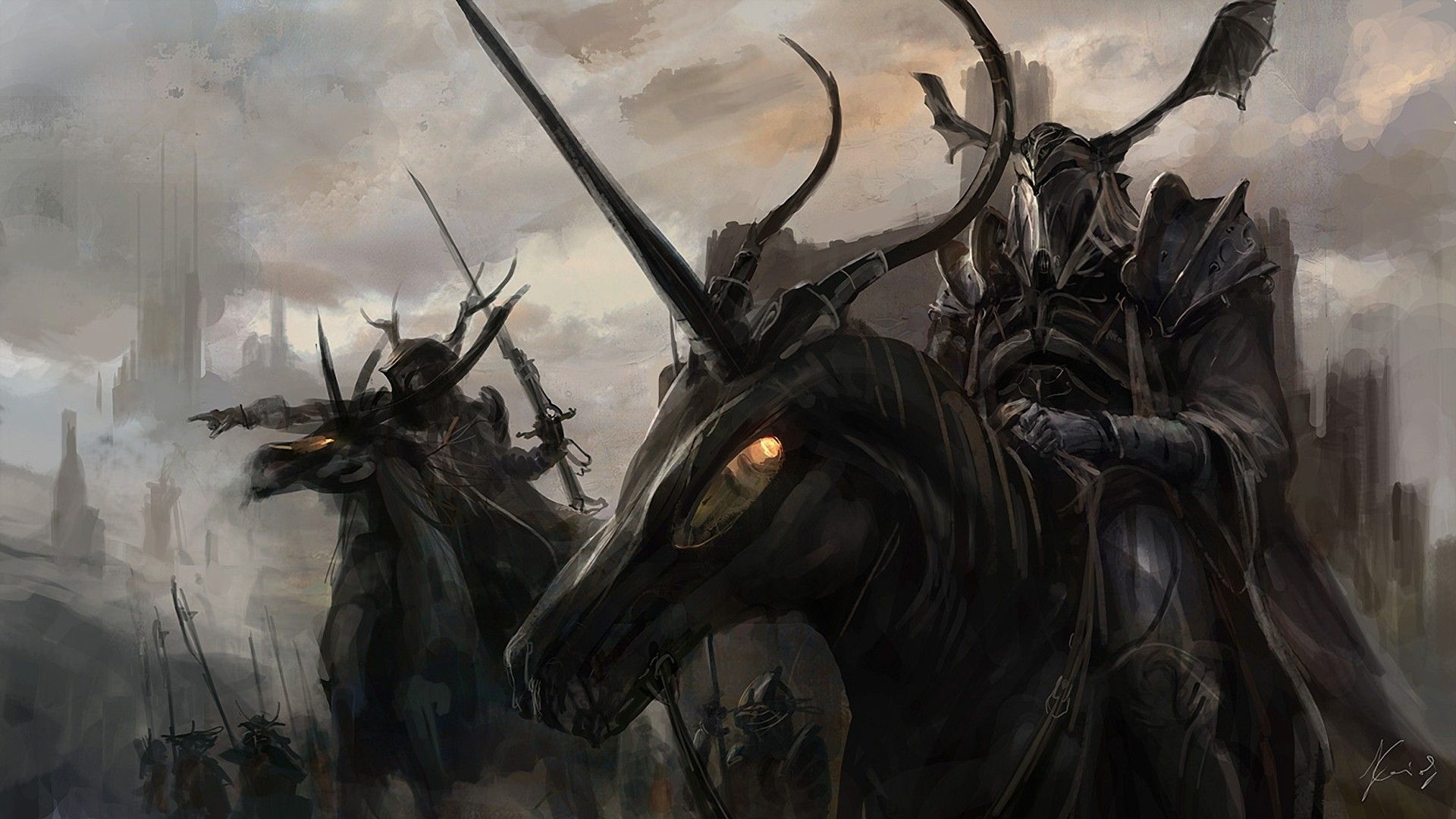 dark, unicorns, shadows, fantasy art, Kai Lim wallpaper