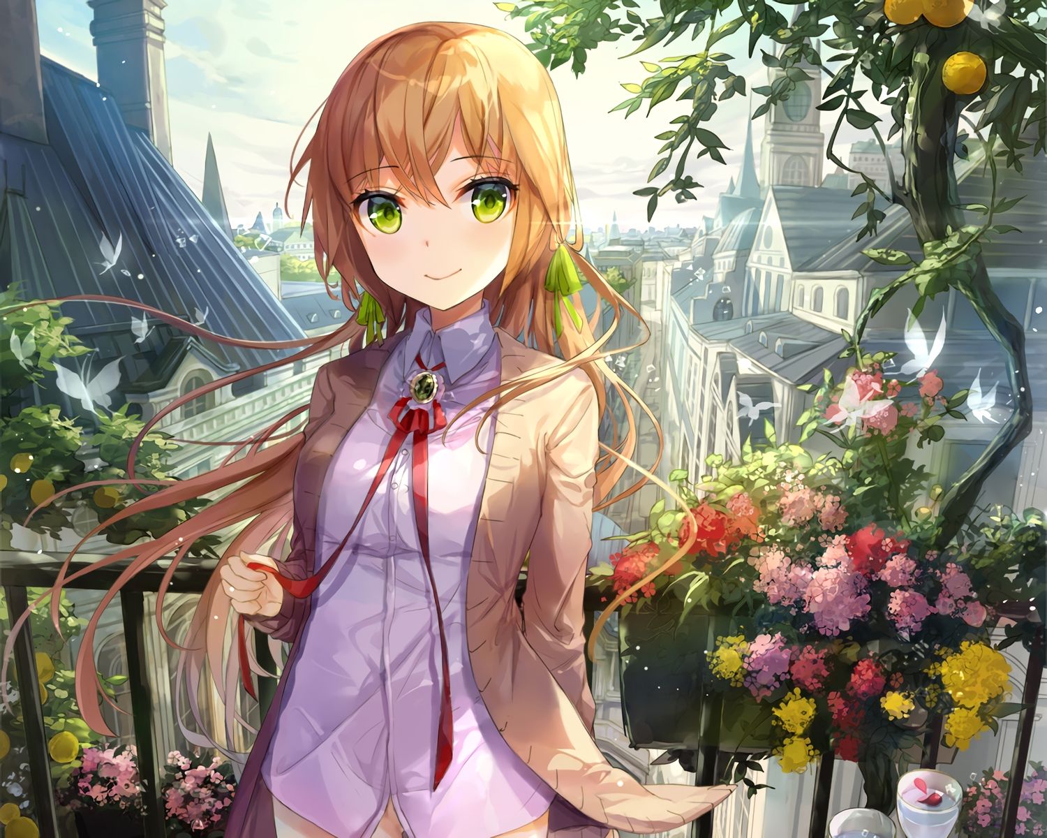 blonde hair building butterfly city cropped drink flowers green