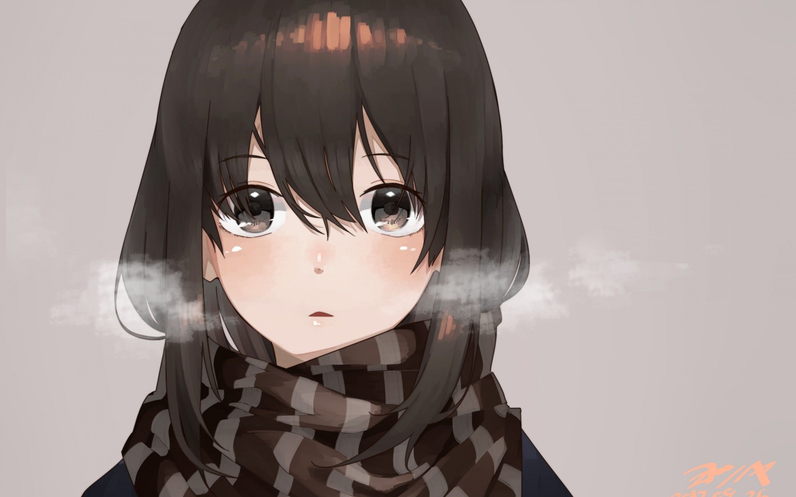 Download 2560x1600 Anime Girl, Brown Hair, Scarf, Face Portrait